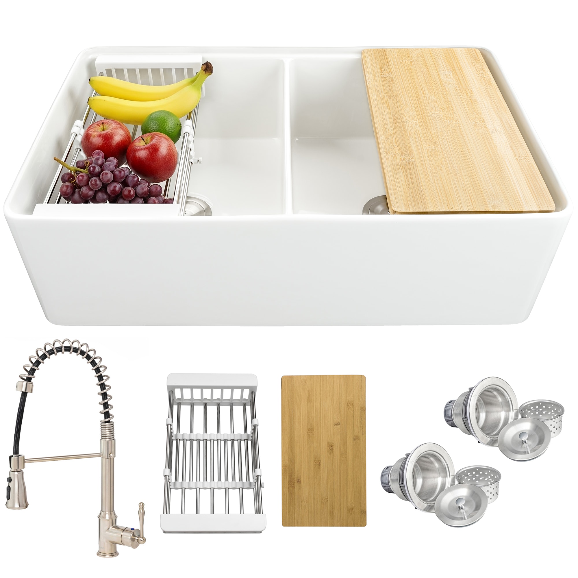 AKDY Fireclay Sink Farmhouse apron front 33-in x 20-in Fireclay Double equal bowl Workstation Kitchen Sink All-in-One Kit