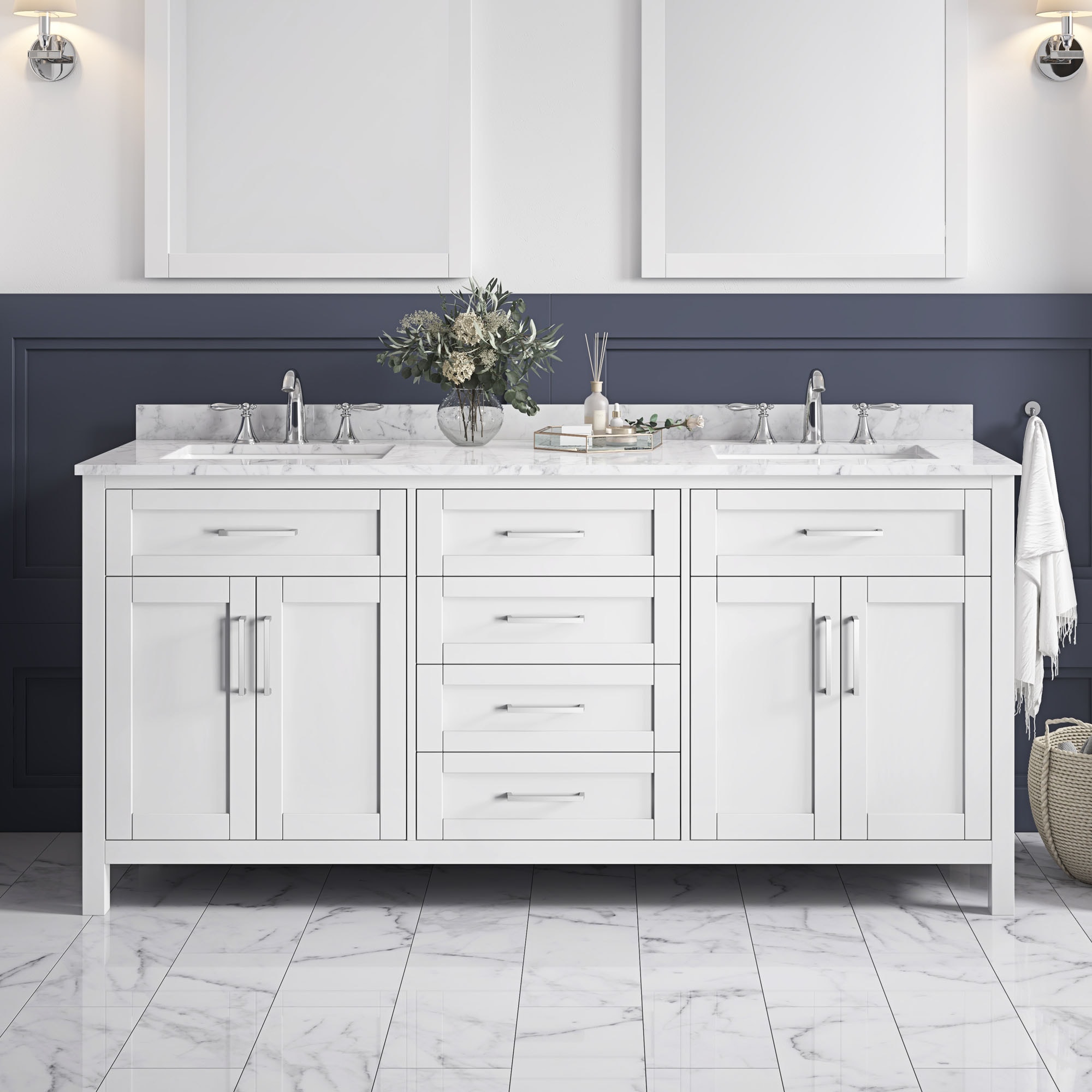 OVE Decors 15VVA-TAHO72-007 Tahoe 72-in White Undermount Double sink Bathroom Vanity with White Carrara Natural marble Top