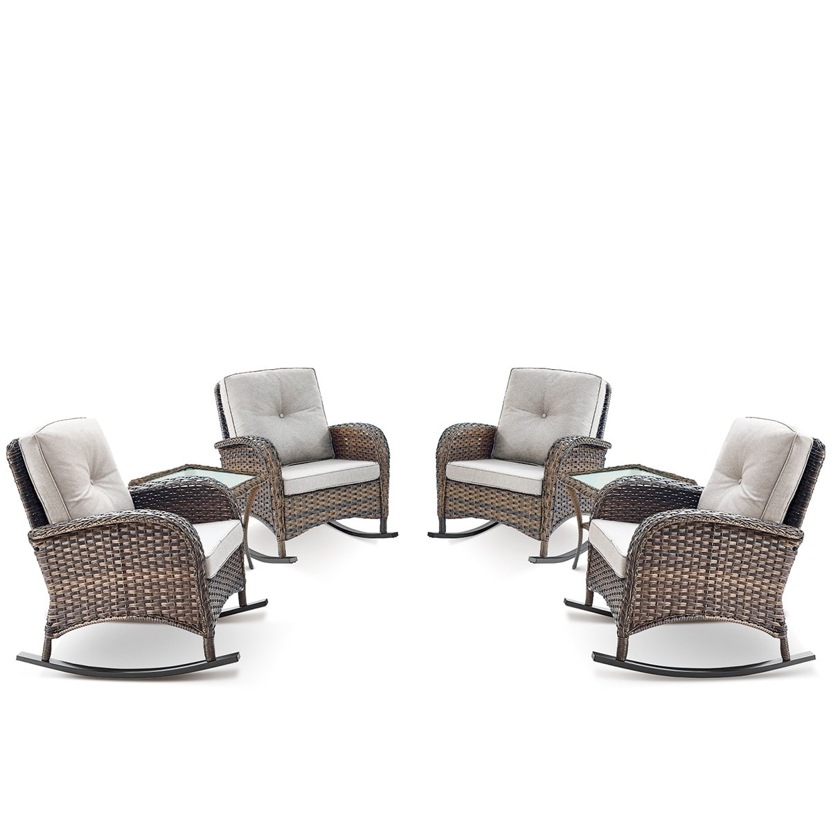 Rilyson FS086X2-2 KEY WEST Set of 4 Wicker Brown Wicker Frame Rocking Chair with Brown Beige Cushioned Seat
