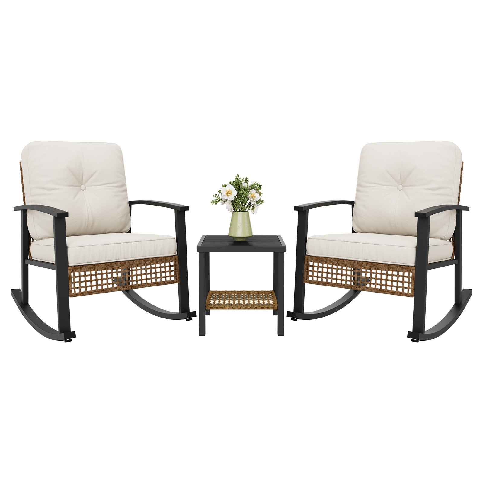 AOXUN PA-120BW06 Patio Conversation Sets 3 -Piece Wicker Patio Conversation Set with Beige Cushions