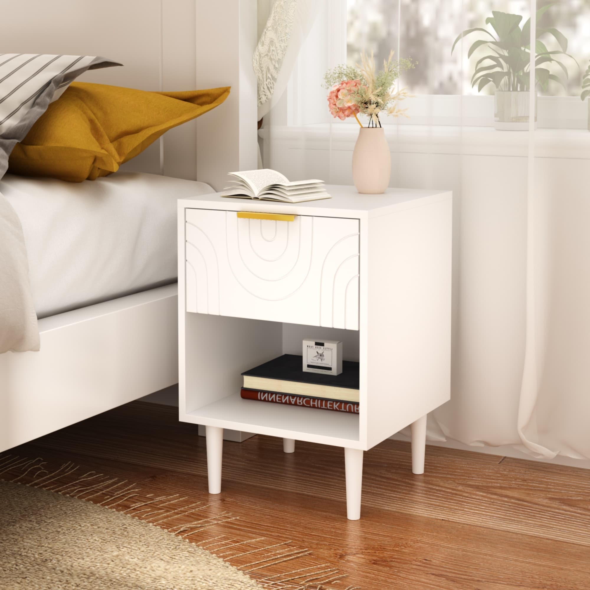 Horizons Prime - 23 inch White MDF Nightstand with One Drawer and Open Shelf with Gold Accented H...