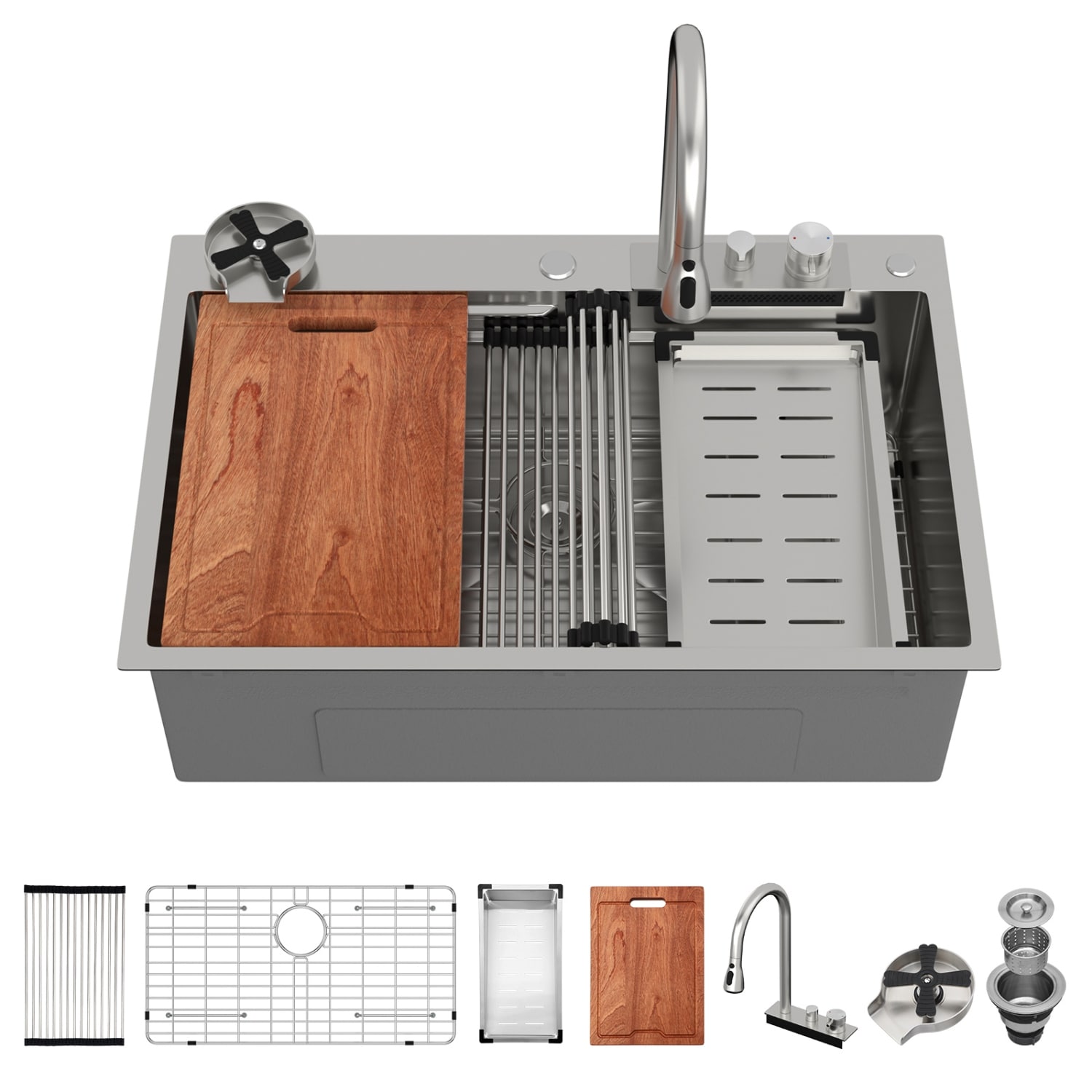 Lirago 33 x 22 in Drop in Waterfall Workstation Kitchen Sink 16 Gauge T304 Stainless Steel Single Bowl Sink with Pull Down Faucet and Cup Washer