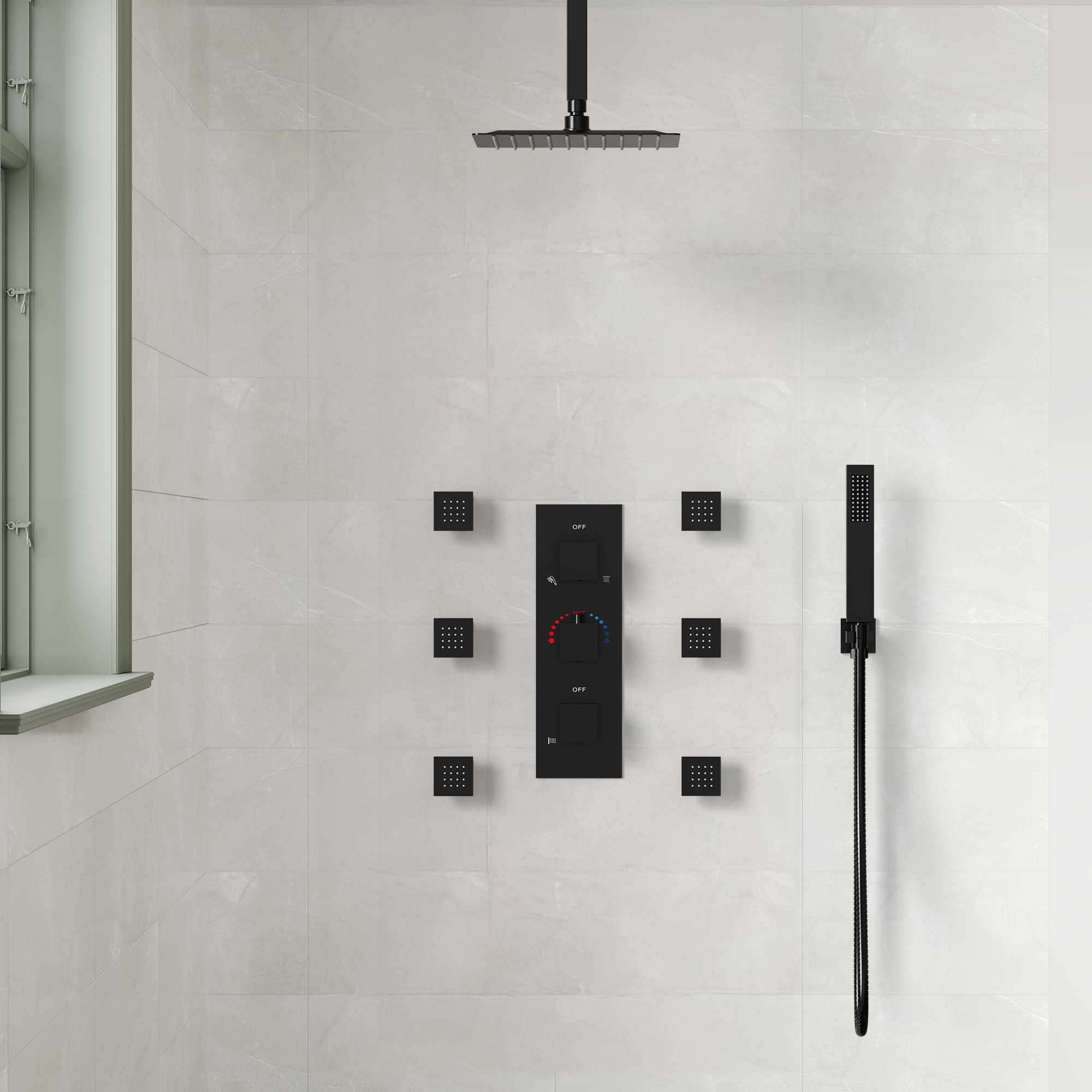 EVERSTEIN SFS1004-BK12 Luxury 3-Spray Patterns Thermostatic 12 in. Ceiling Mount Rainfall Shower Faucet and Dual Shower Heads with 6-Jet