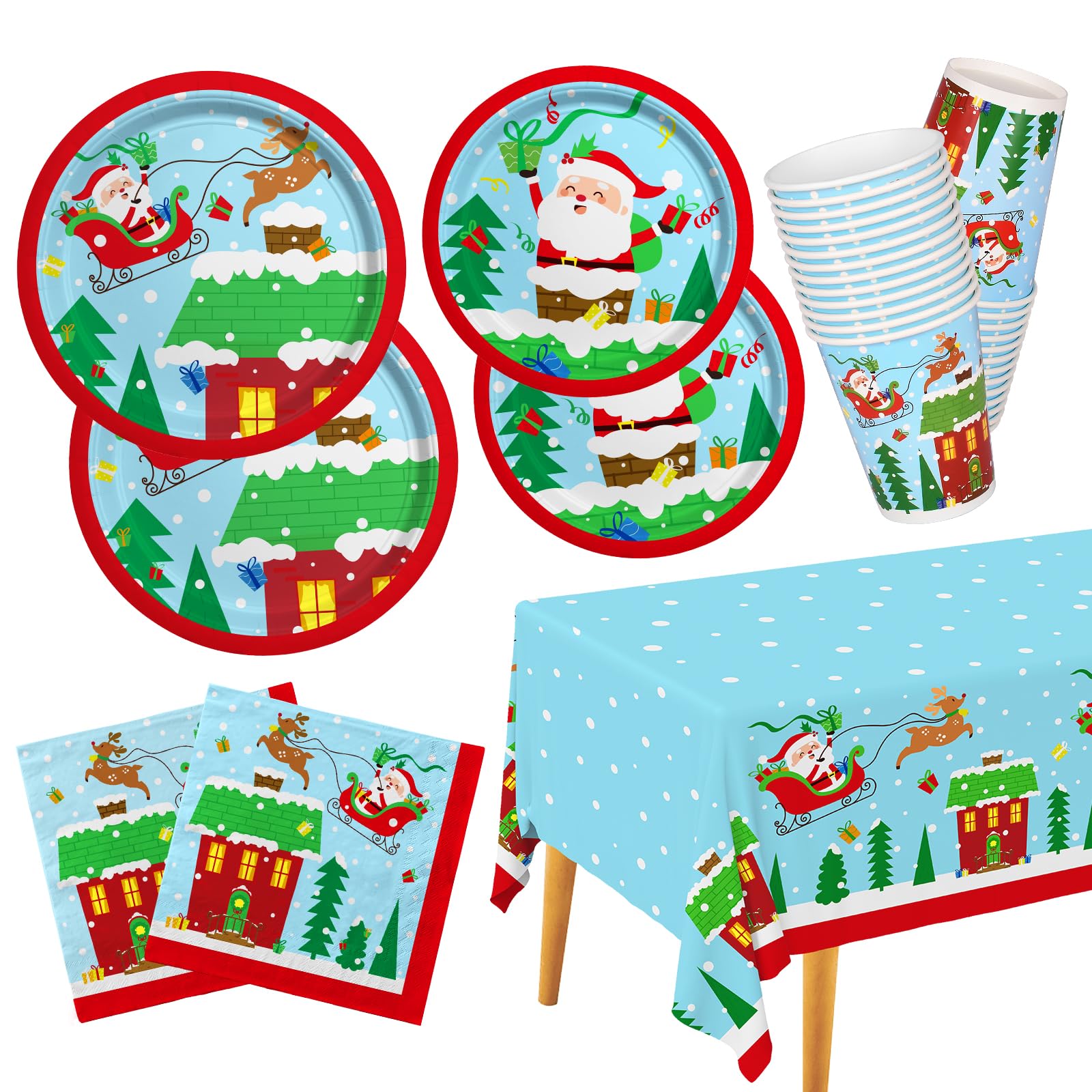 Christmas Santa Party Set 25pcs 9in Plates 25pcs 7in Plates 25pcs 6.5in Napkins 25pcs 9oz Cups 1pc 54x108in Tablecloth #LMS0106T42