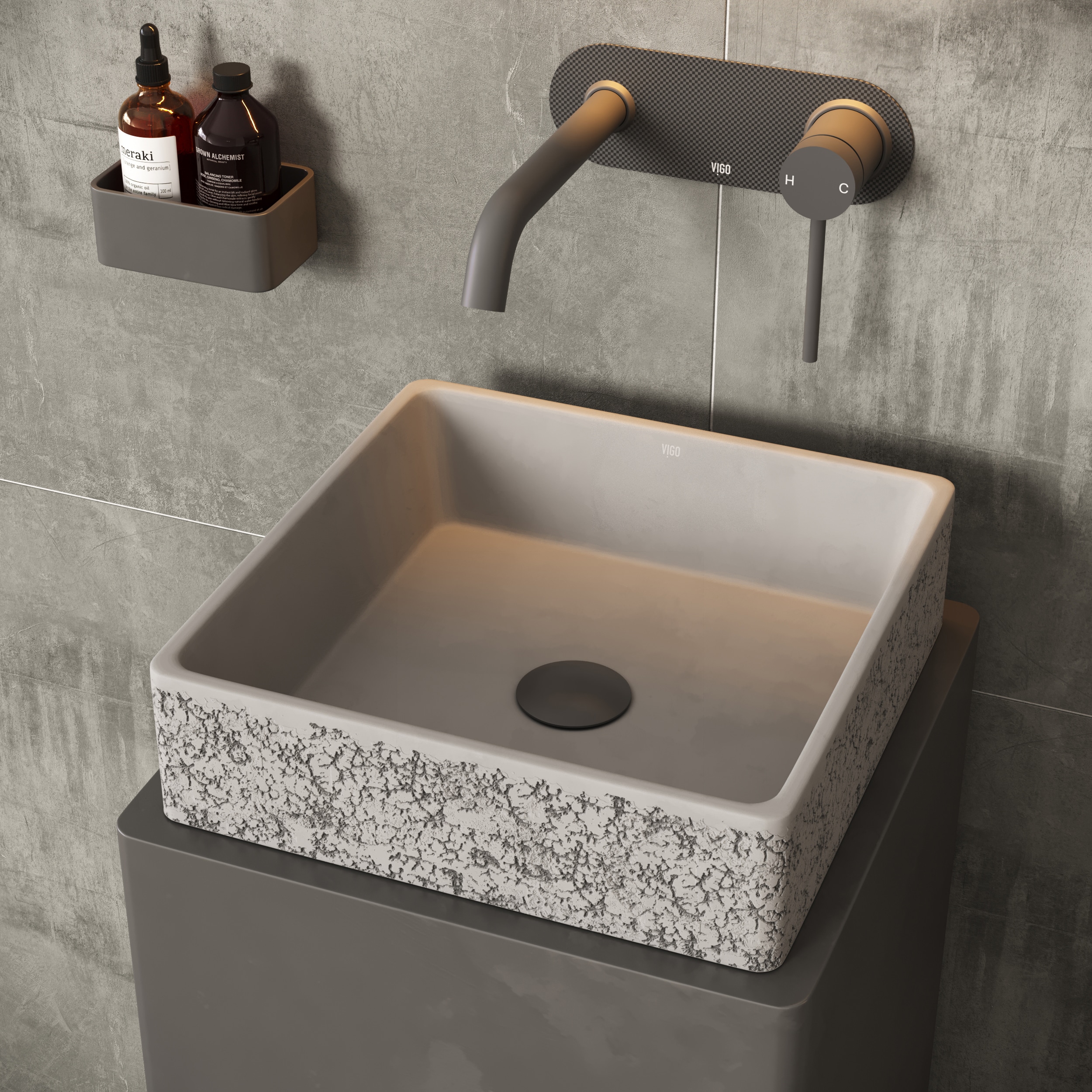 Aster 15" Ash Gray Concrete Square Vessel Bathroom Sink