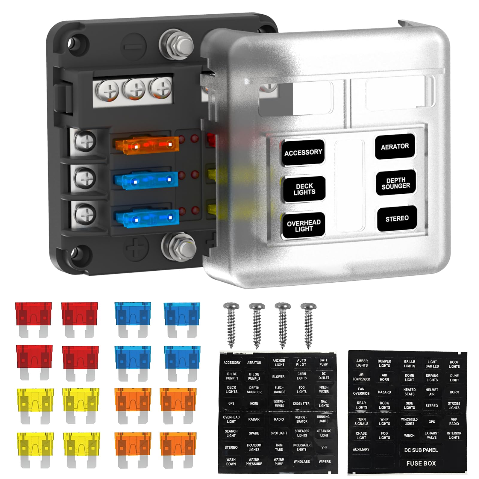 Vrbgify  6 Way Fuse Block Box 12V to 24V DC ATC ATO Fuse Panel with LED Indicator for Marine Boat Automotive Motorcycle durable home and garden