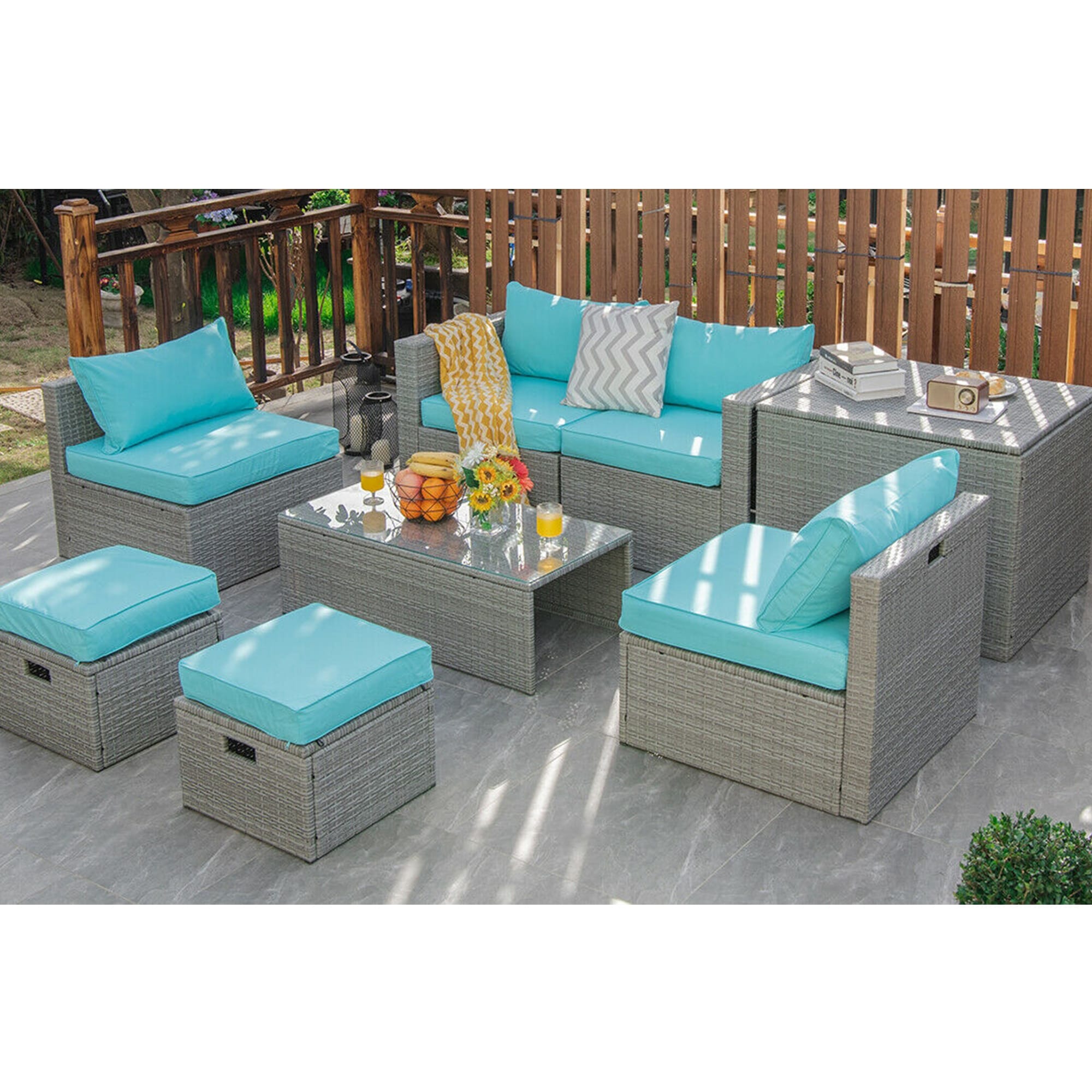 BABOOM BOM-04TU-CO 8-Piece Rattan Patio Conversation Set with Blue Cushions