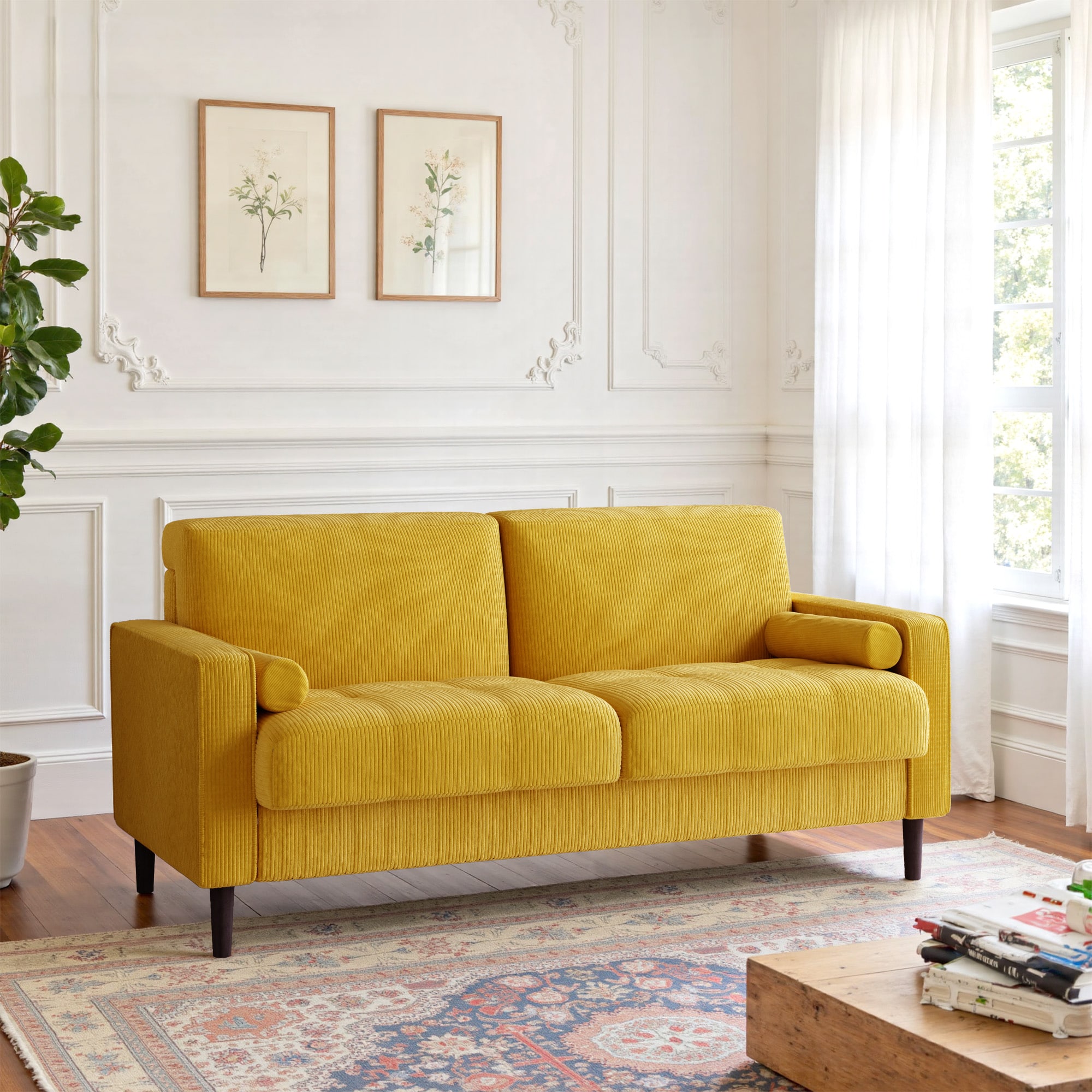 Dreamsidea - Loveseat Sofa 63 Inch Corduroy Upholstered with 2 Toss Pillows for Living Room Bedroom