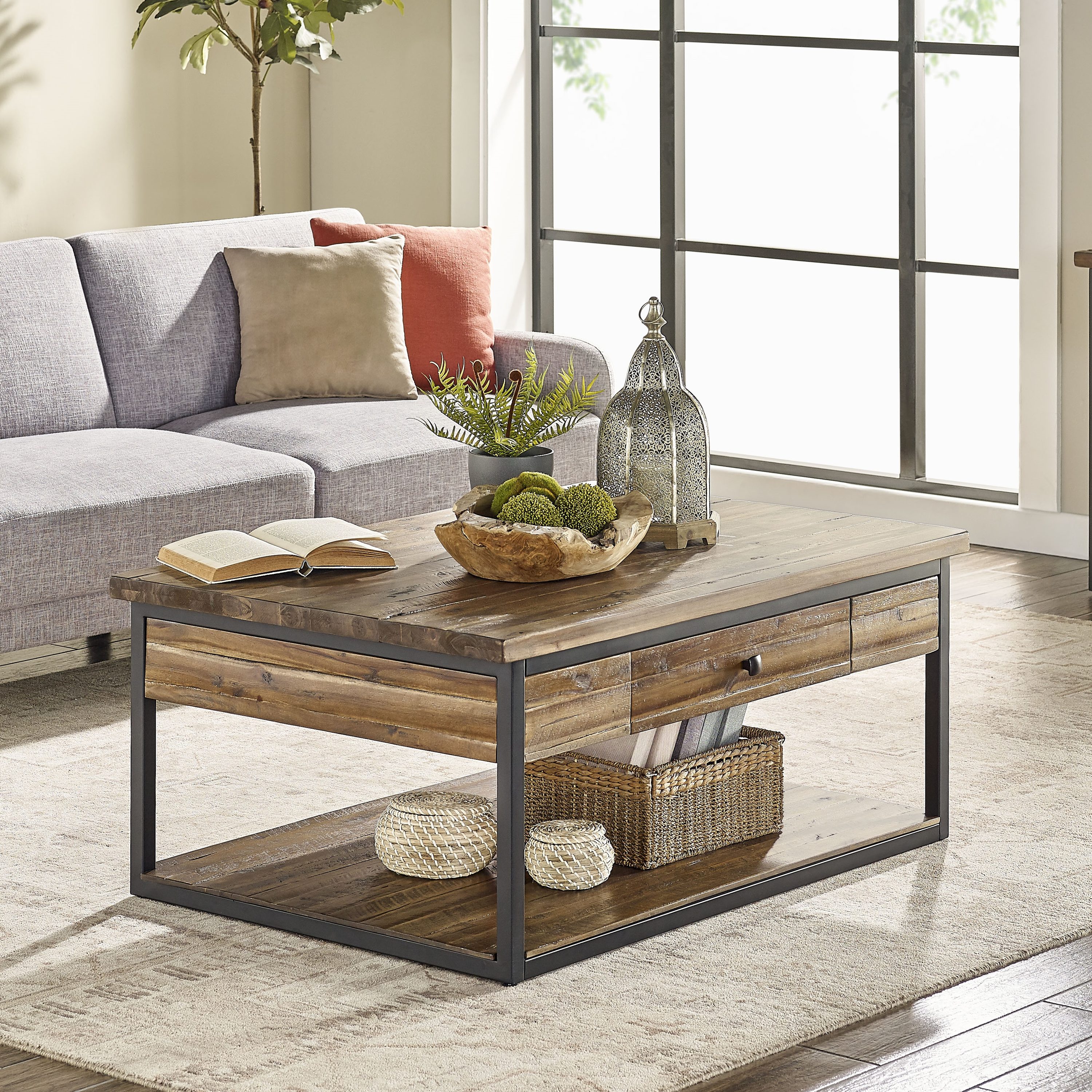 Claremont 48" Rustic Wood Coffee Table with Drawer and Shelf