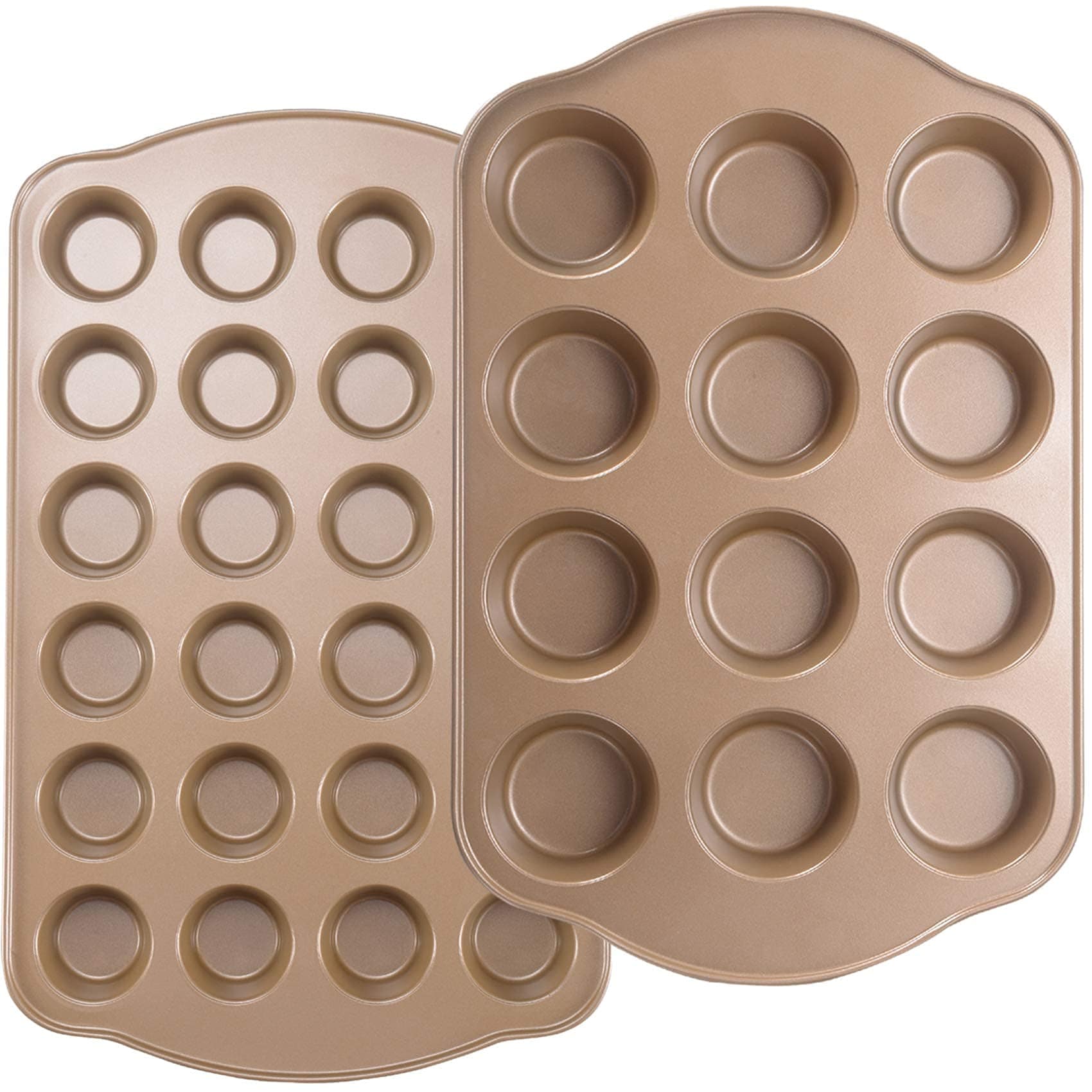 DHMHD  Nonstick Muffin Pan Set 2 Pack 12 Cup Regular and 24 Cup Mini Muffin Tins Heavy Duty Gold Carbon Steel Rust Resistant Easy Release