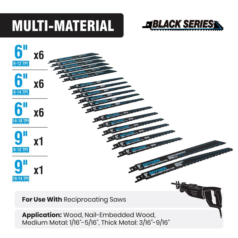 Spyder Black Series Bi-metal Wood/Metal cutting Reciprocating Saw Blade Set 20 -Pack