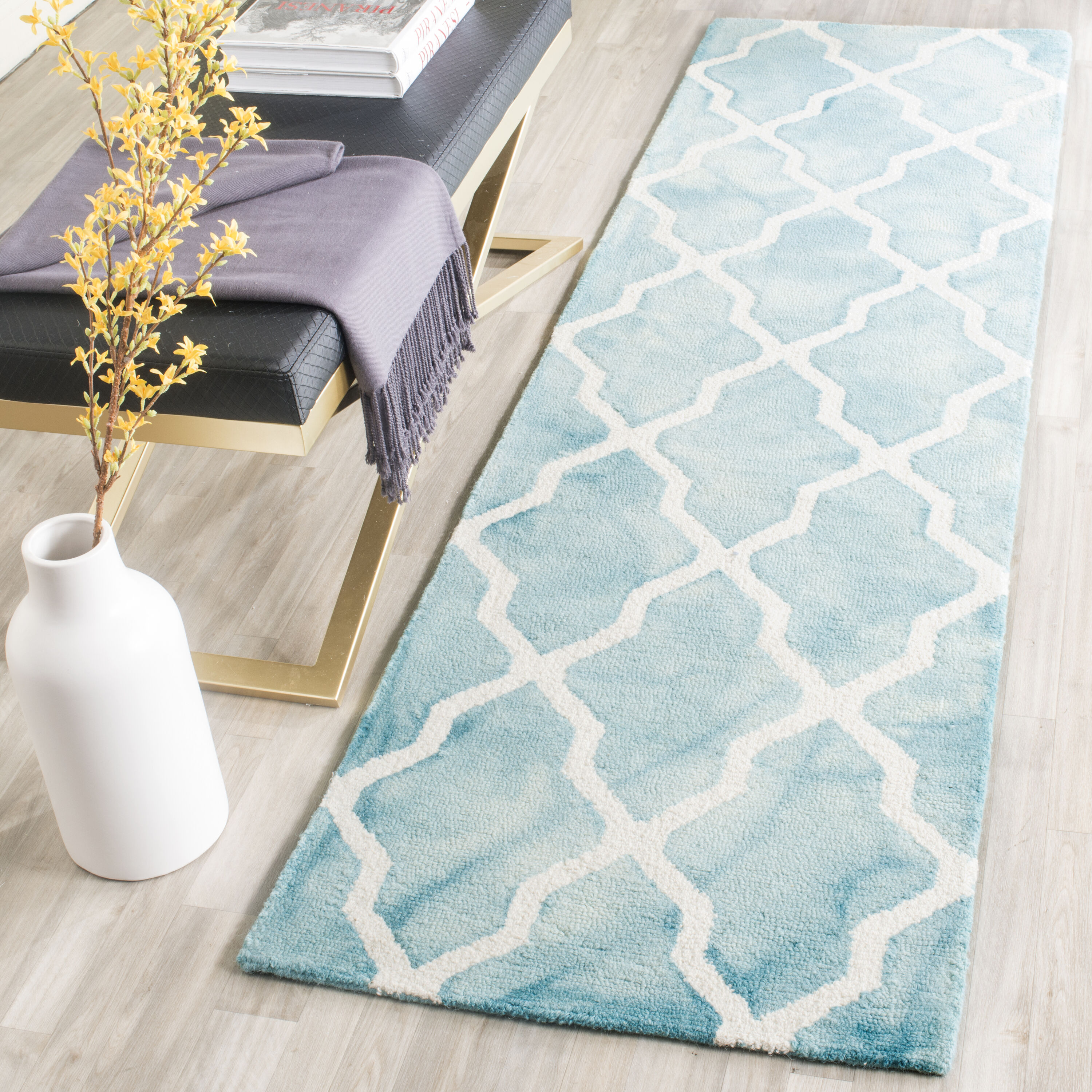 Safavieh DDY540D-28 Dip Dye Pamala 2 x 8 (ft) Tufted Wool Turquoise/Ivory Rectangular Indoor Geometric Bohemian/Eclectic Runner rug