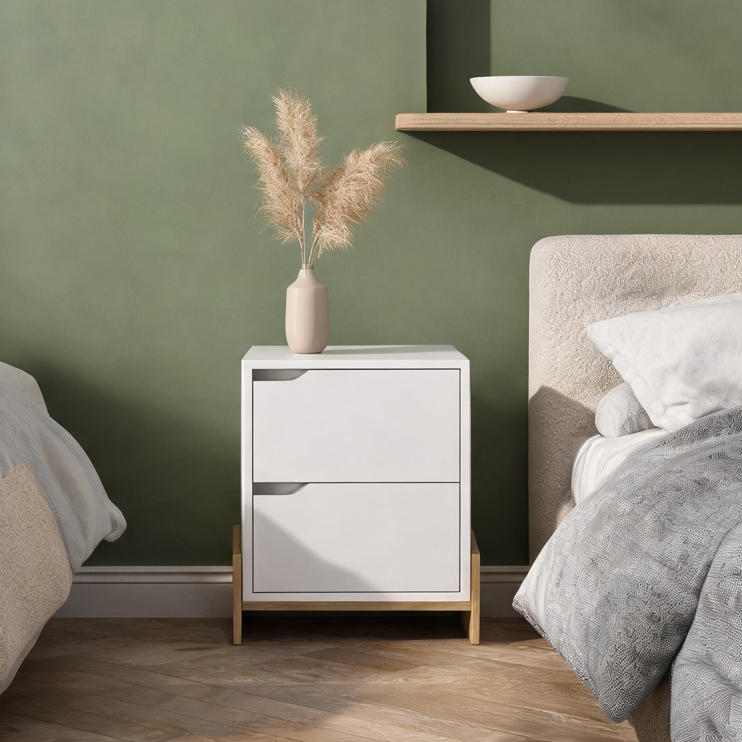 2-Drawer Nightstand with Interlocking Assembly Particle Board White Finish Compact Bedside Table