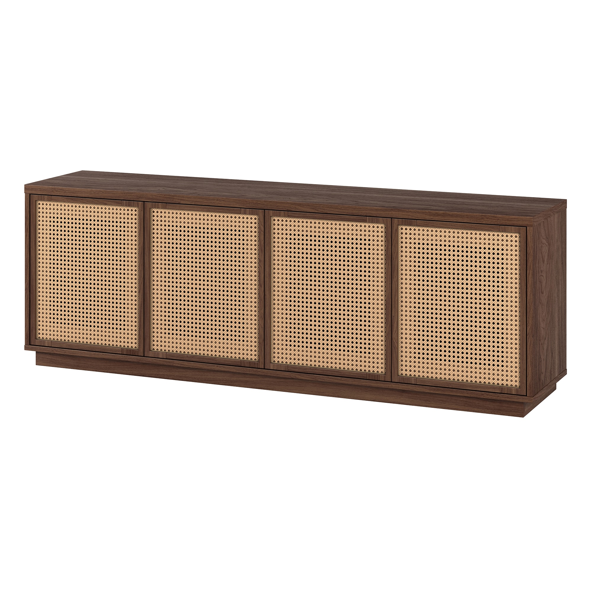 Satin Walnut Rectangular TV Stand with Faux Rattan Cabinets