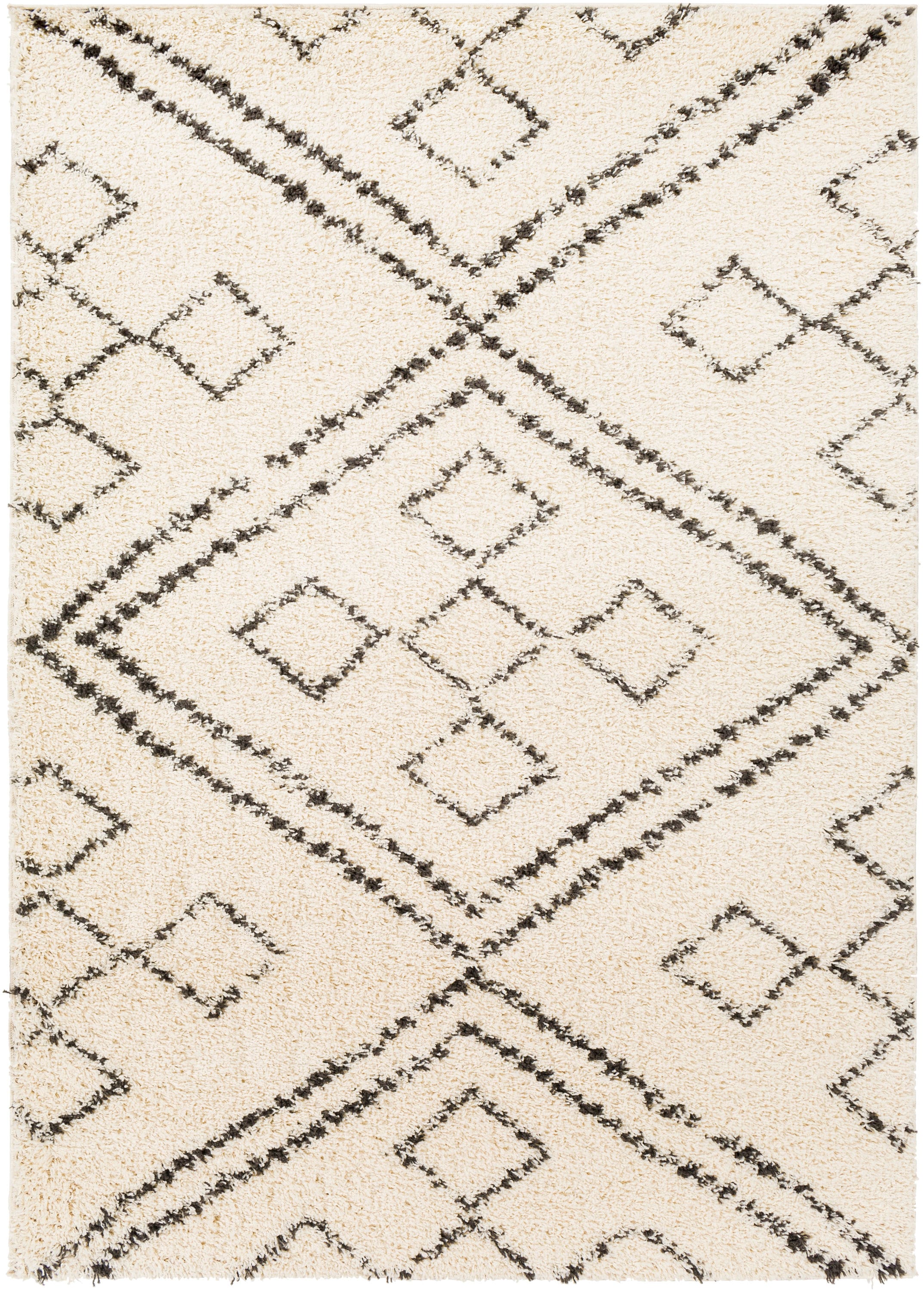 Beni Mini White Shag Rug with Black Diamond Pattern - 3'2 x 3'4