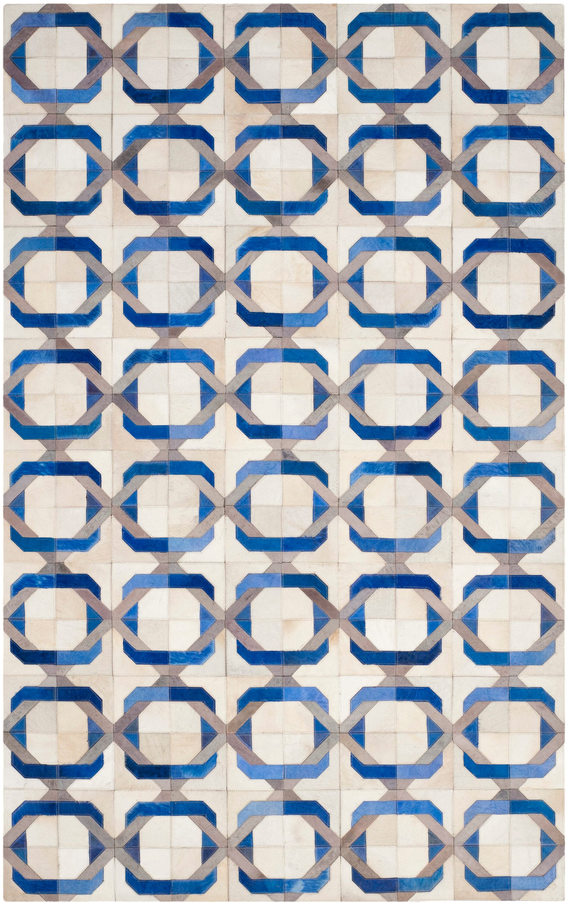 Ivory and Blue Geometric Cowhide Leather Area Rug 5' x 8'