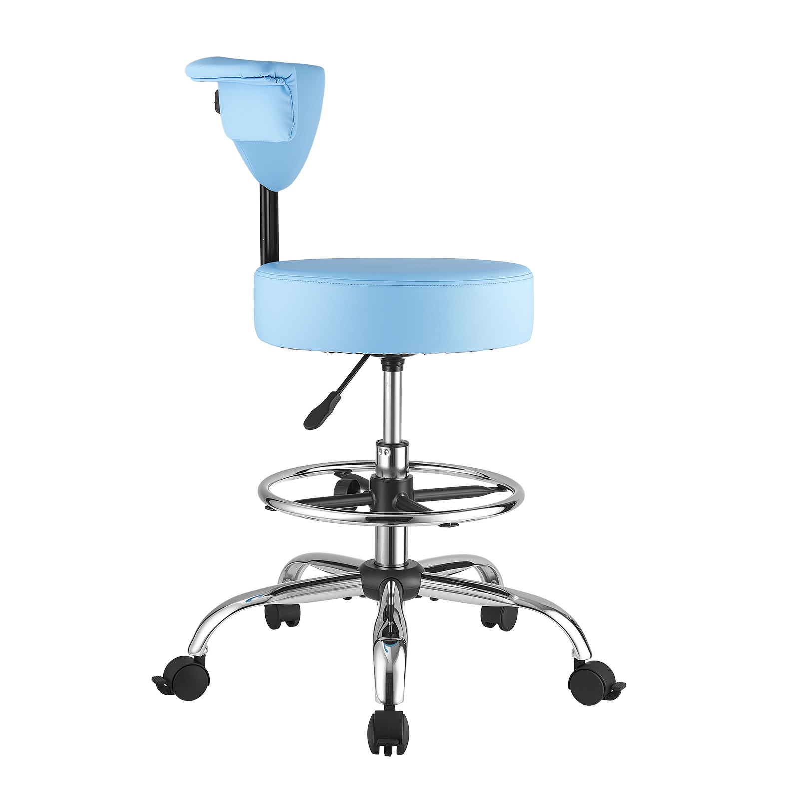 VEVOR Rolling Stool with Back Support 500 lbs Weight Capacity Height Adjustable Thick Cushion Ergonomic PU Leather Seat 360 degrees Swivel Round Rolling Stool Chair for Dental Salon Clinic Blue