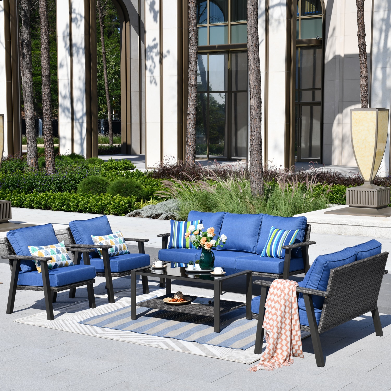 Pouuin SHW50TB05 5 -Piece Rattan Patio Sofa Conversation Set with Blue Cushions
