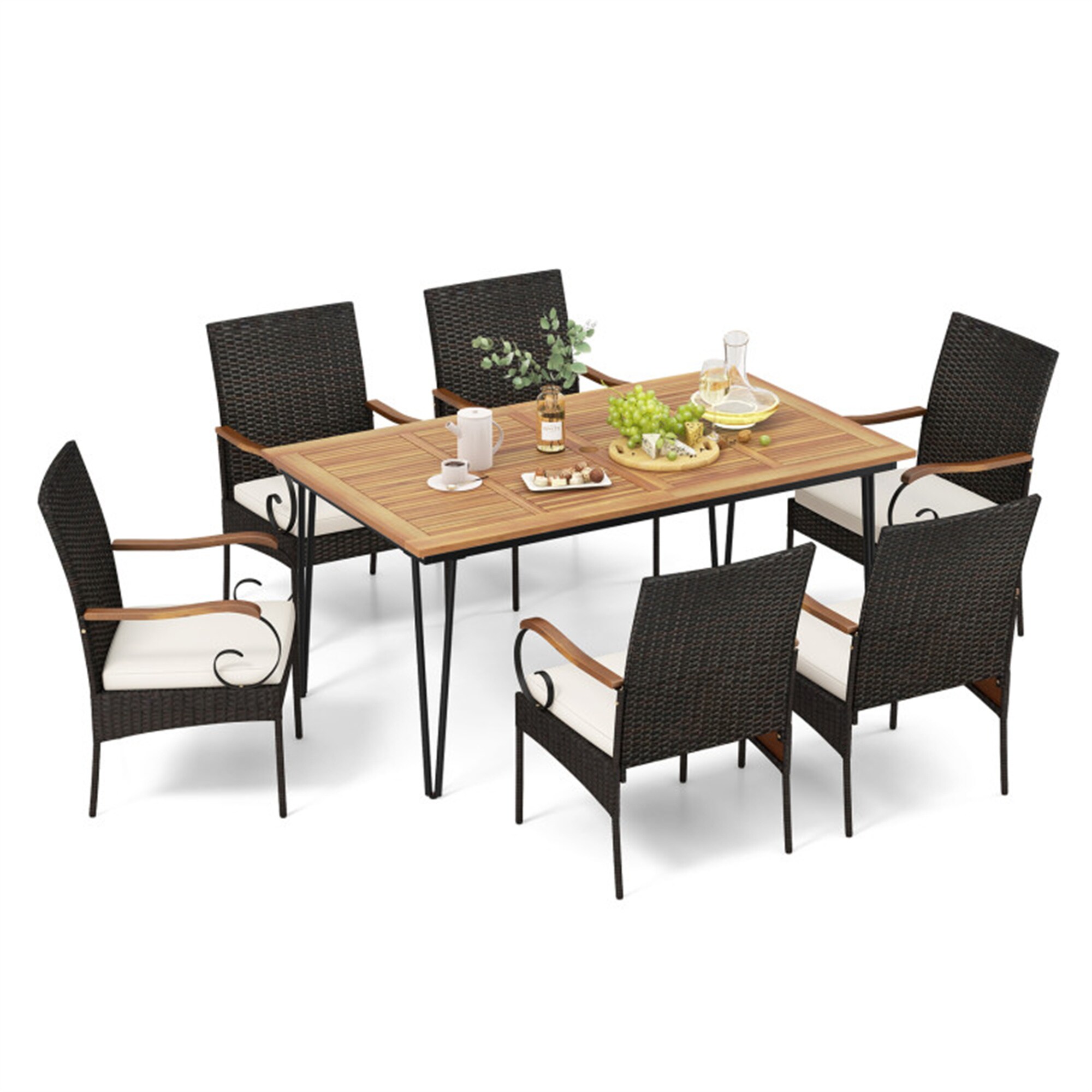 BABOOM BOM-003AAA-OR Outdoor Dining Furniture Set 7 -Piece Black Rattan Patio Dining Set Wood Rectangle Table with 6 Off-white Cushions Stationary Chairs