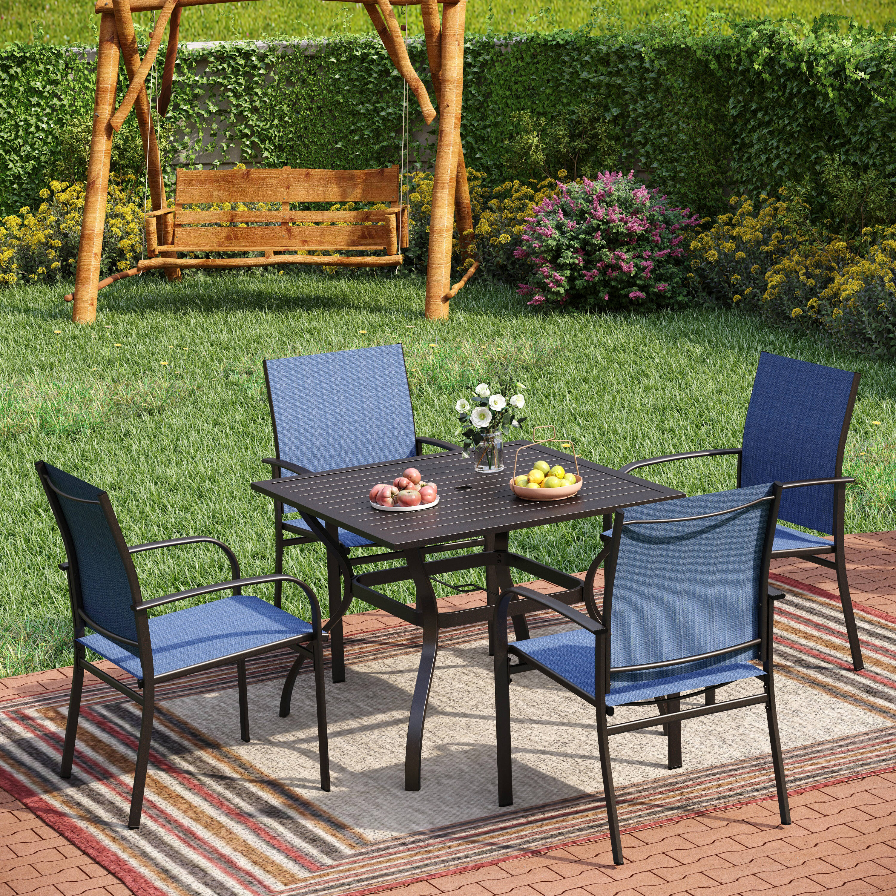 Sunshine Valley TC7-PV305-048-01-N Outdoor Table and Chairs 5 -Piece Black Patio Dining Set Steel Square Table with 4 Blue Stationary Chairs