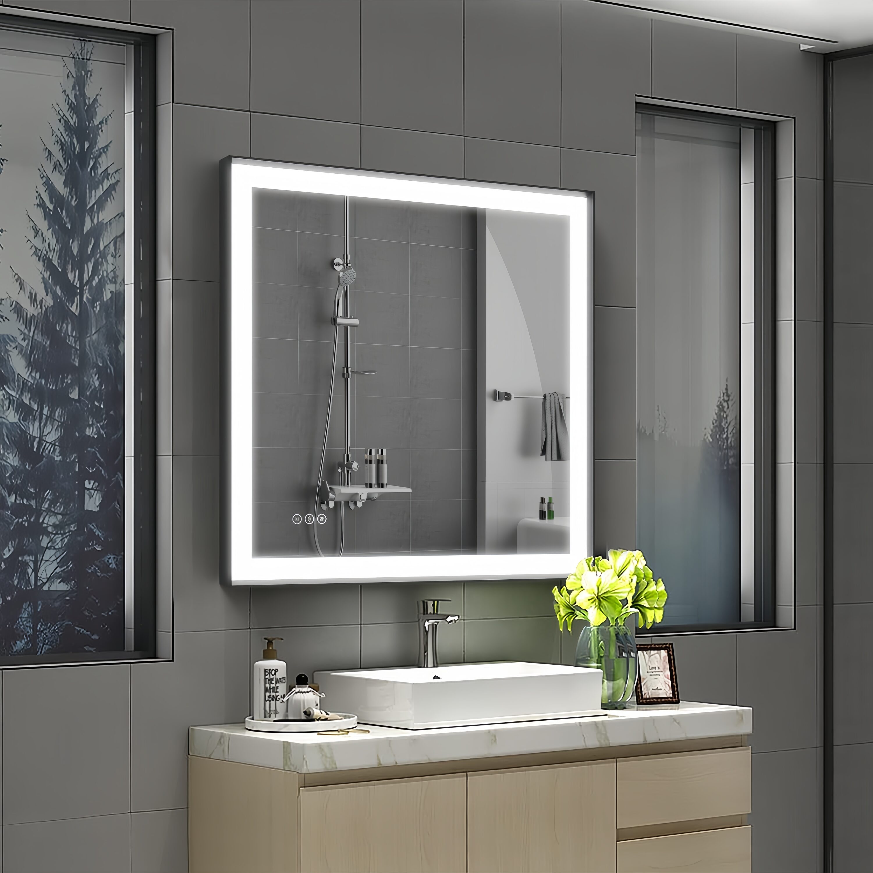 Maxax MS02-3636-DD VM 36-in x 36-in Framed Square Dimmable LED Lighted Fog Free Bathroom Vanity Mirror ( Sanded Matte Black )