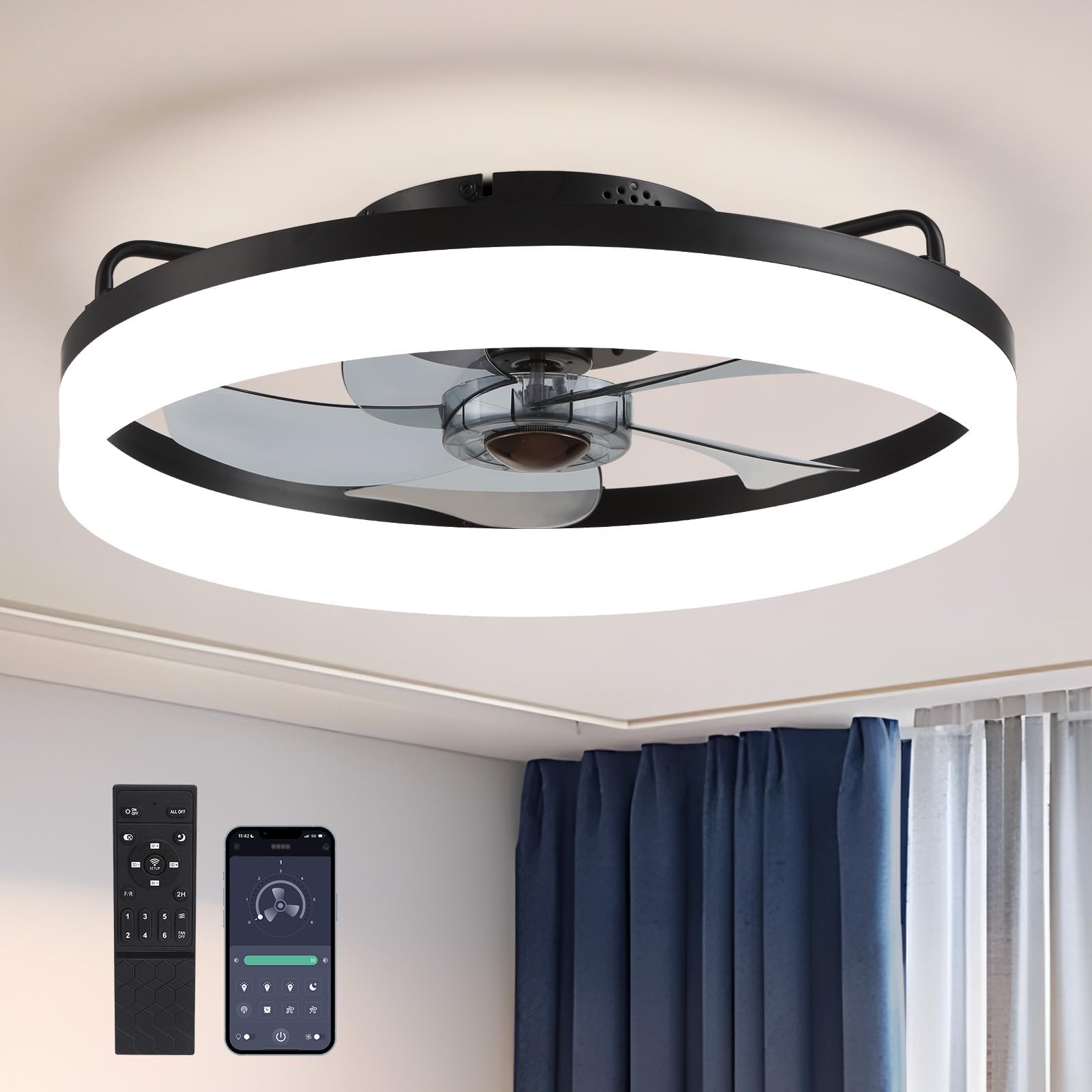 SILJOY LL-6001BL-01 Flush mount Ceiling Fan with Light and Remote Control Include