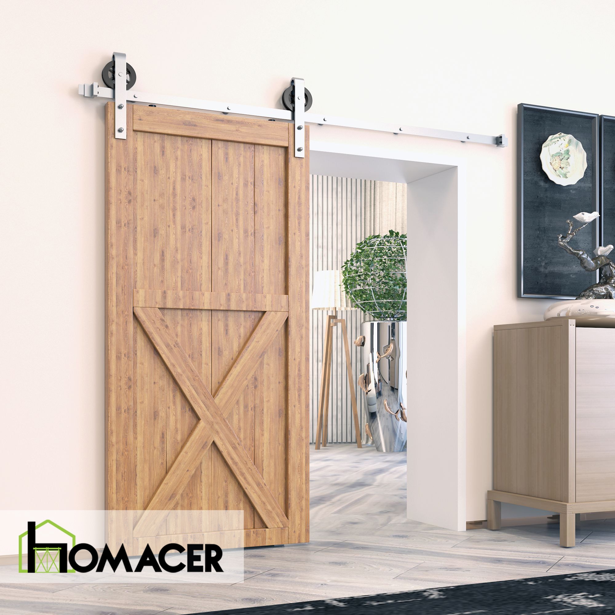 HOMACER 96-in Brushed Nickel Indoor Spoke Wheel Single Barn Door Hardware Kit HL1DNZ096C Sansujyuku sansujyuku.com