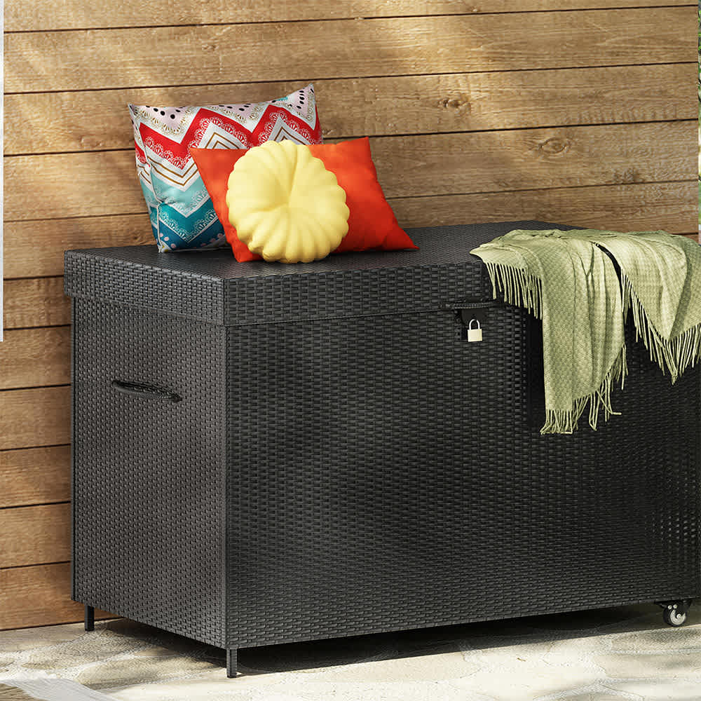 JUJABU DECKBOX-2 Black Wicker Deck Box with Wheels Outdoor Cushions Pool Storage and Garden Tools