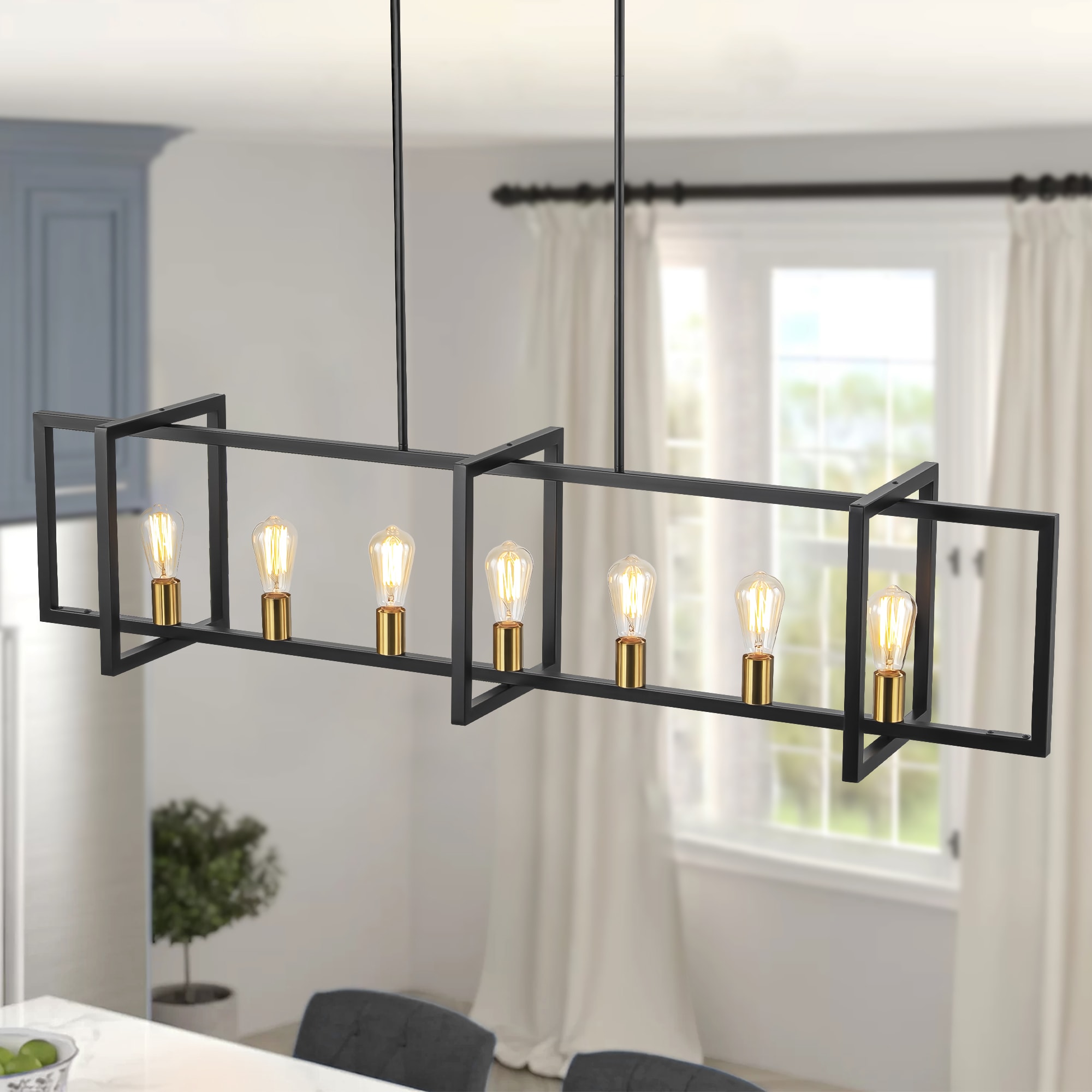 Rennnsan KI810161378 Mason 7 -Light Black with Gold Farmhouse Linear Large Hanging Kitchen island light