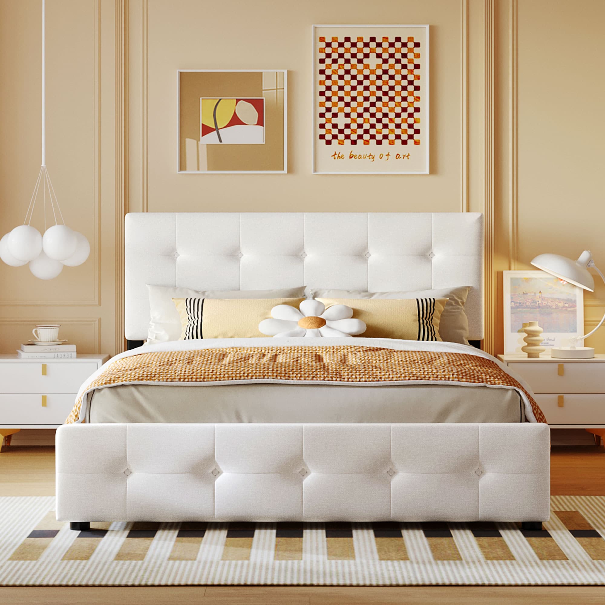 JIMSMAISON JMLFFB221W White Queen Wood Upholstered Bed with Storage