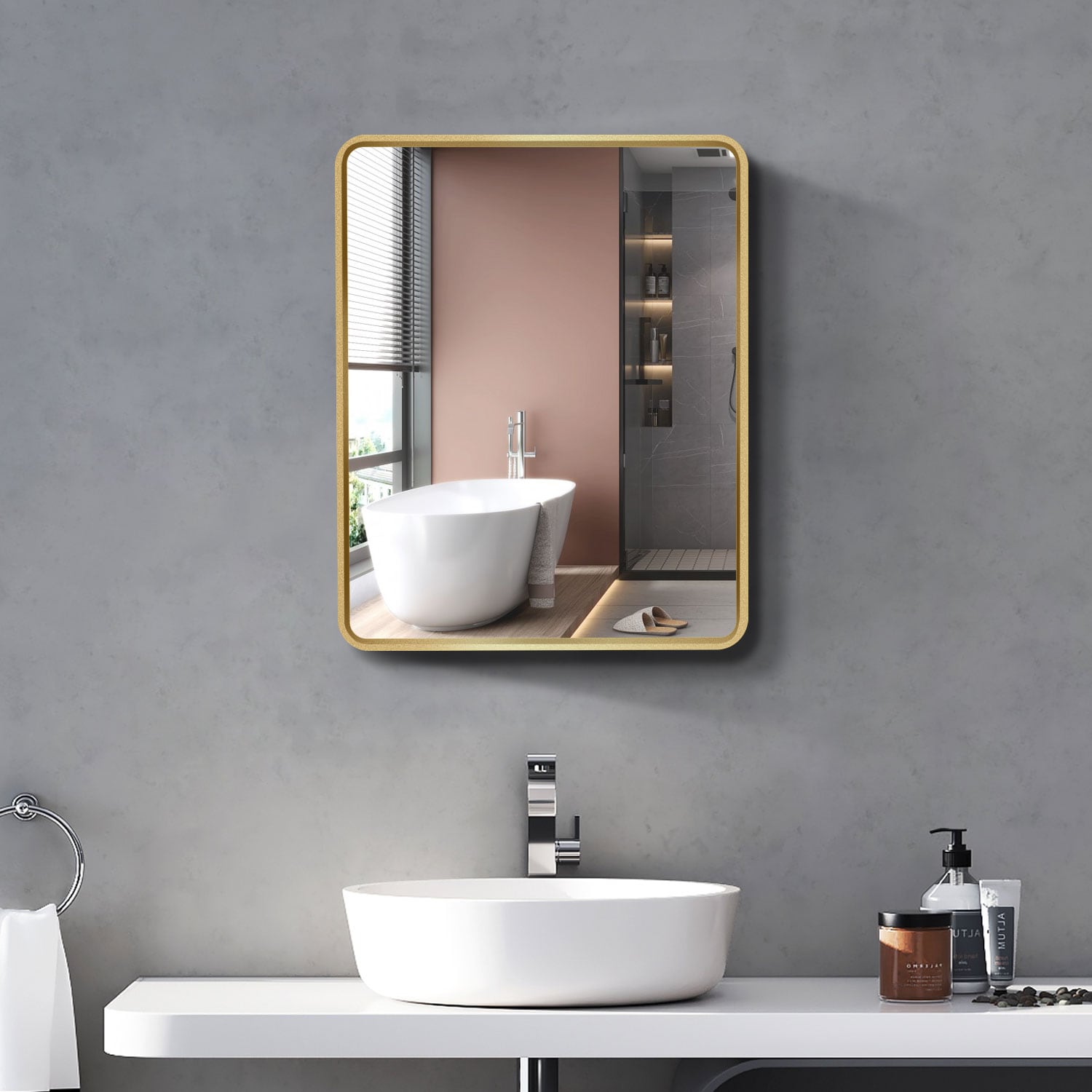 Forclover ASM-JG5700 24-Inches x 30-Inches Surface/Recessed Mount Gold + Matte Black Mirrored Rectangle Soft Close Medicine Cabinet