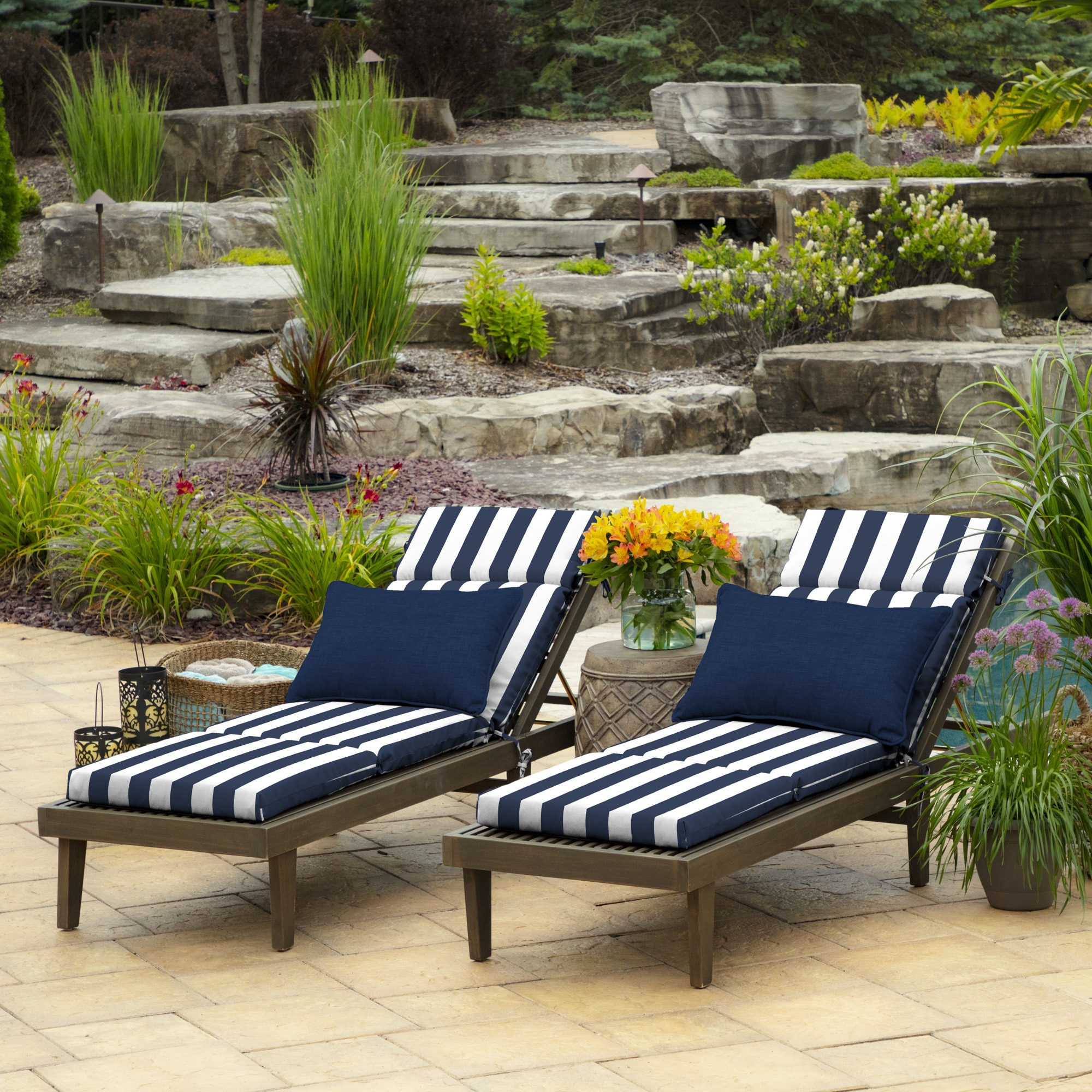 navy striped chaise lounge cushions