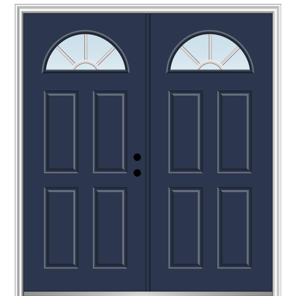 MMI DOOR ZZ11528L 72-in x 80-in x 4-9/16-in Fiberglass 1/4 lite Left-hand inswing Naval Painted Prehung Double Front Door with Brickmould Insulating core with Grilles