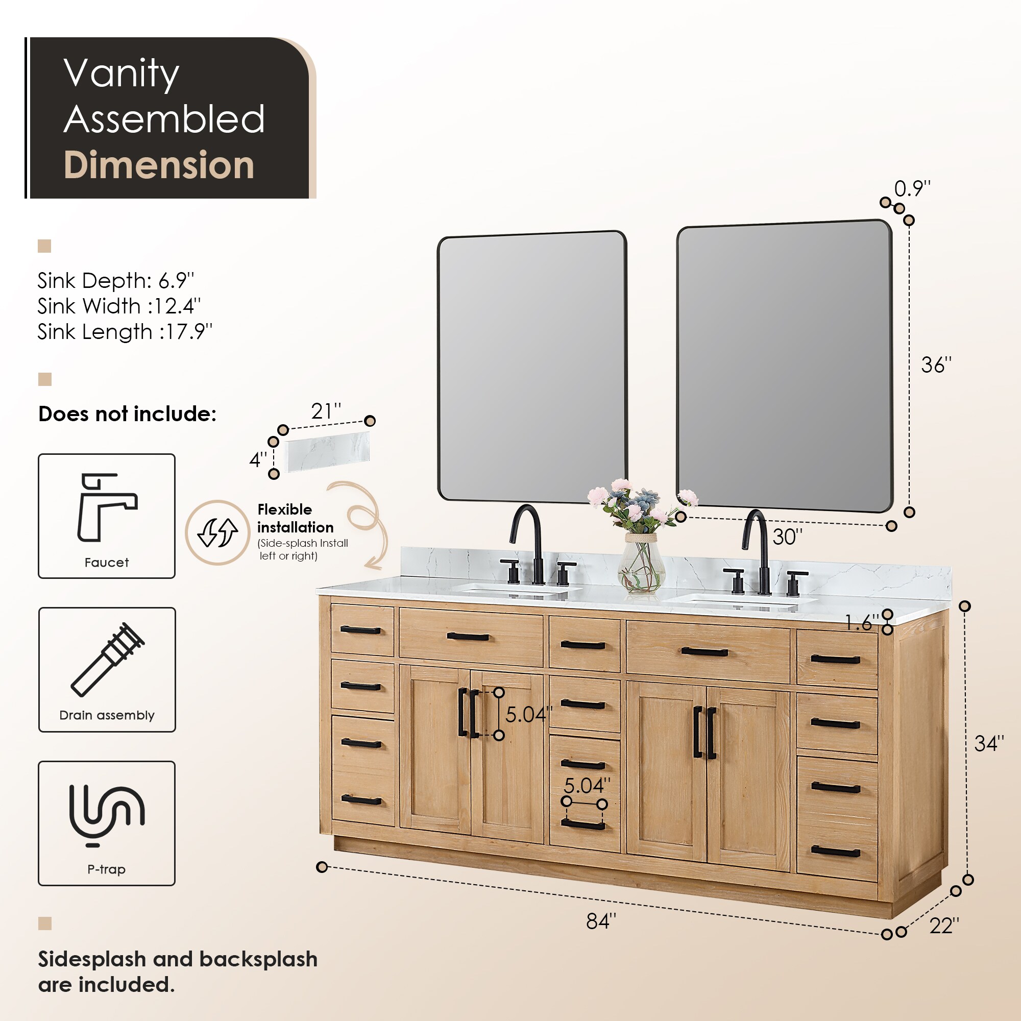 Gavino 84" Light Brown Double Vanity with White Stone Countertop and Mirror