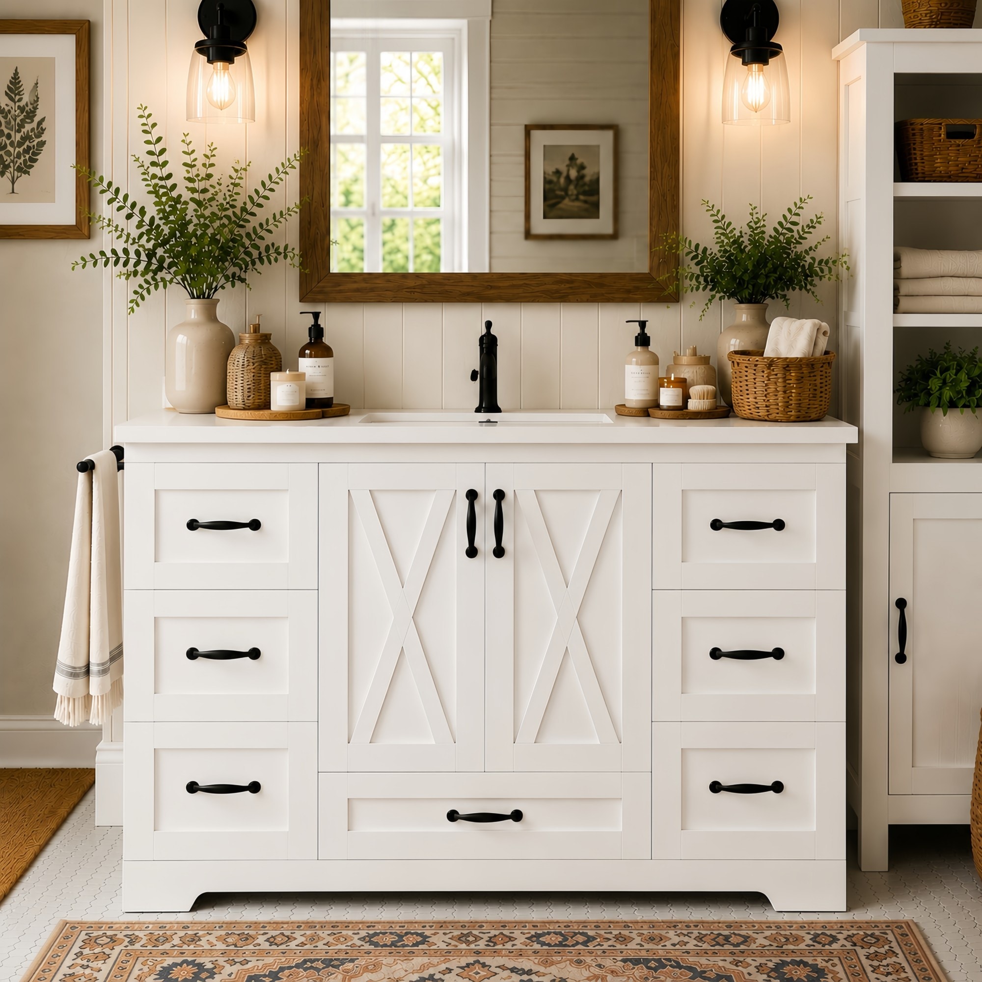 Dexmalle 48-in White Rustic Freestanding Single Sink Bathroom Vanity With Ceramic Top and Reversible Towel Bar