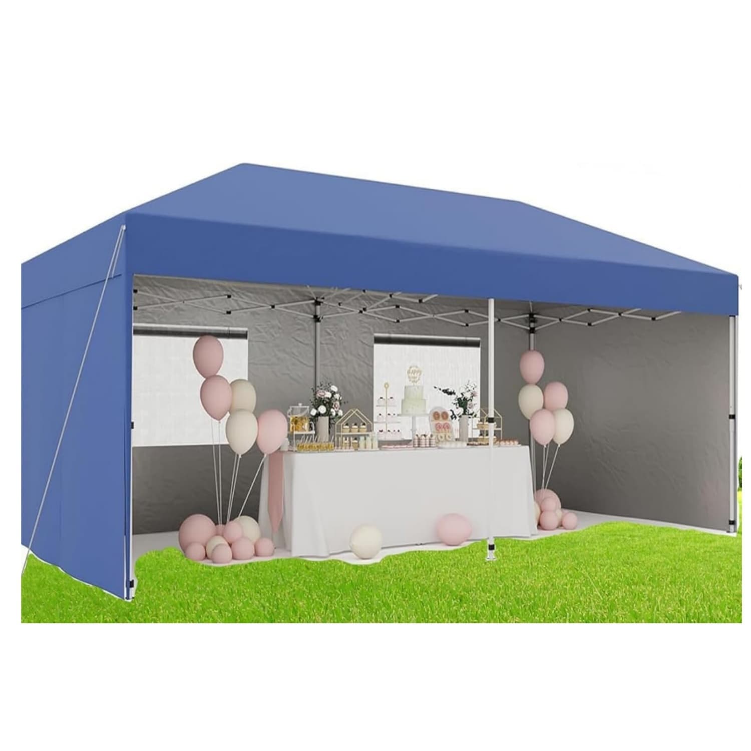 Qeetex LSHQQPHO-10XC2AAZ 10x20 Ft Pop Up Canopy Tent with 4 Sidewall  3 Adjustable Heights Roller Bag 6 Sandbags - UV Protection Blue