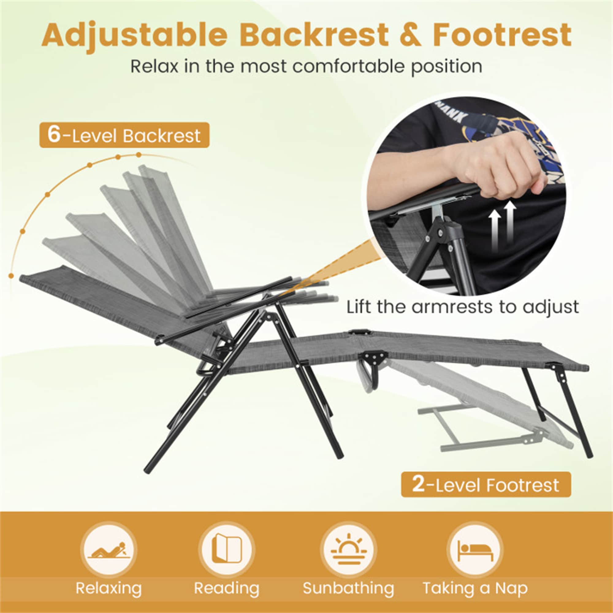 Gray Metal and Fabric Folding Outdoor Chaise Lounge Chairs with Adjustable Backrest