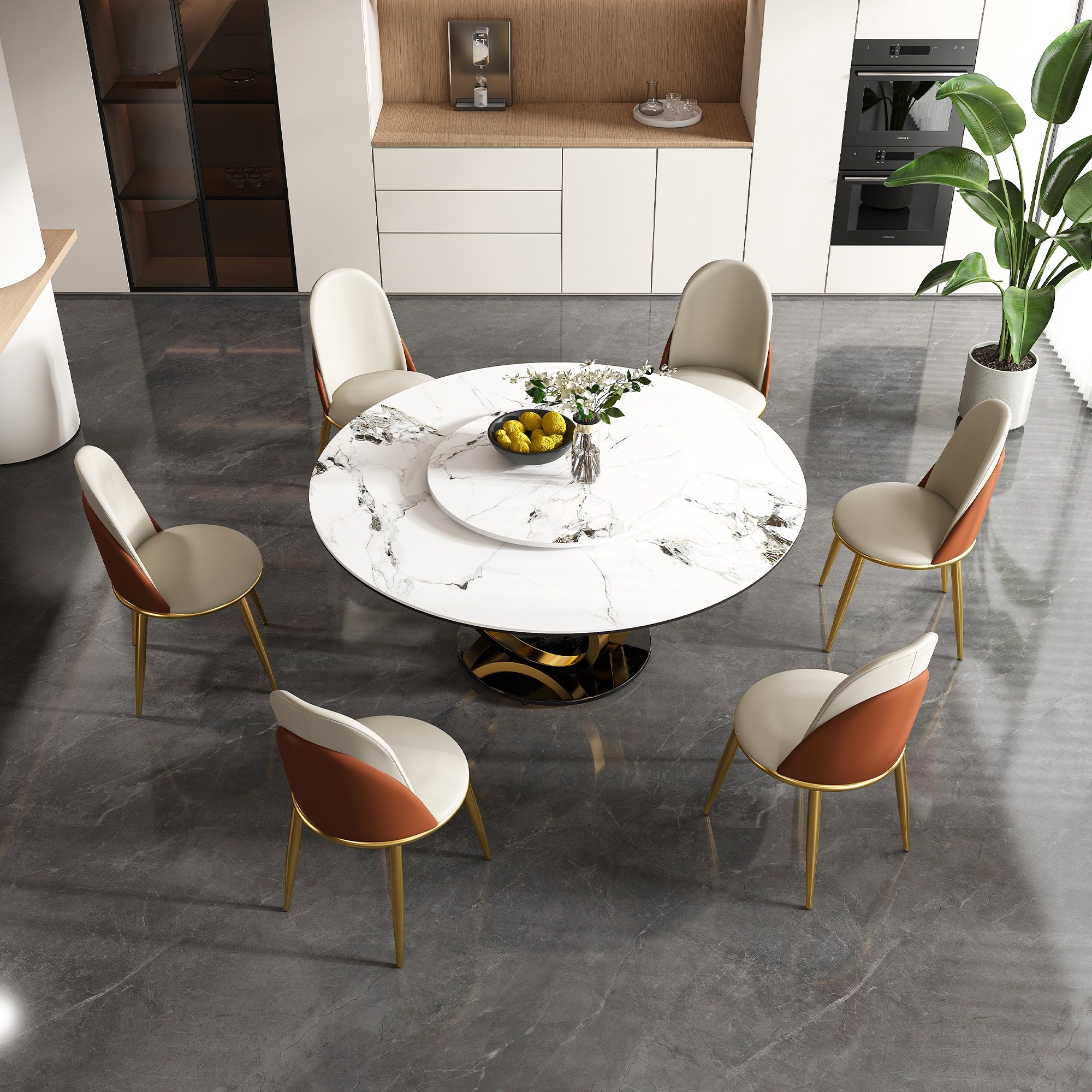 Horizons Prime - 59 inch Gold and Black Round Sintered Stone Dining Table with 360 Degree Rotatin...