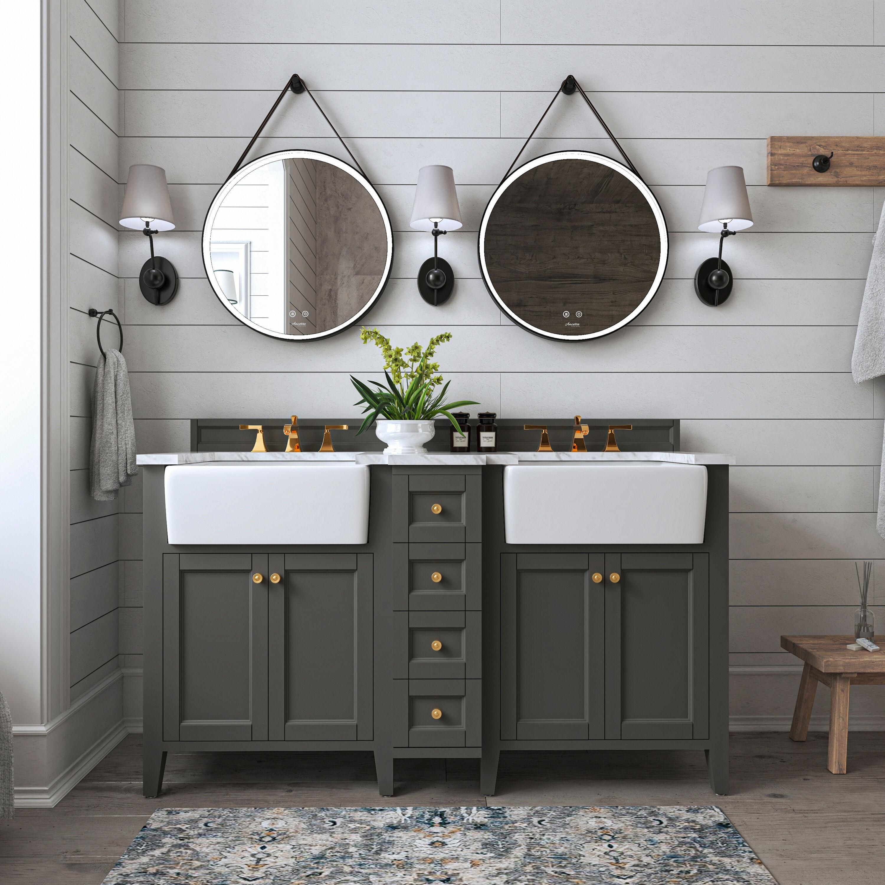 Ancerre Designs VTSADELINE60SGCWGD Adeline 60-in Sapphire Gray Farmhouse Double sink Bathroom Vanity with Carrara marble Natural marble Top