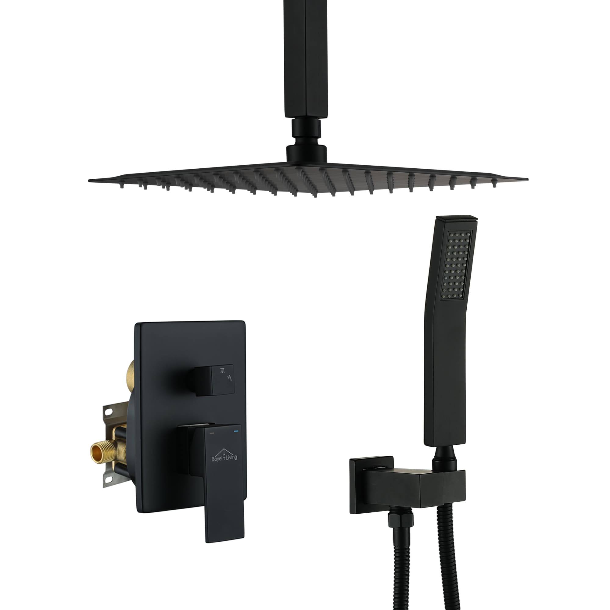 Clihome RB0711 Matte Black 10-in Waterfall Dual Head Built-In Shower Faucet System with 2-way Diverter ( Pressure-balanced Valve Included )