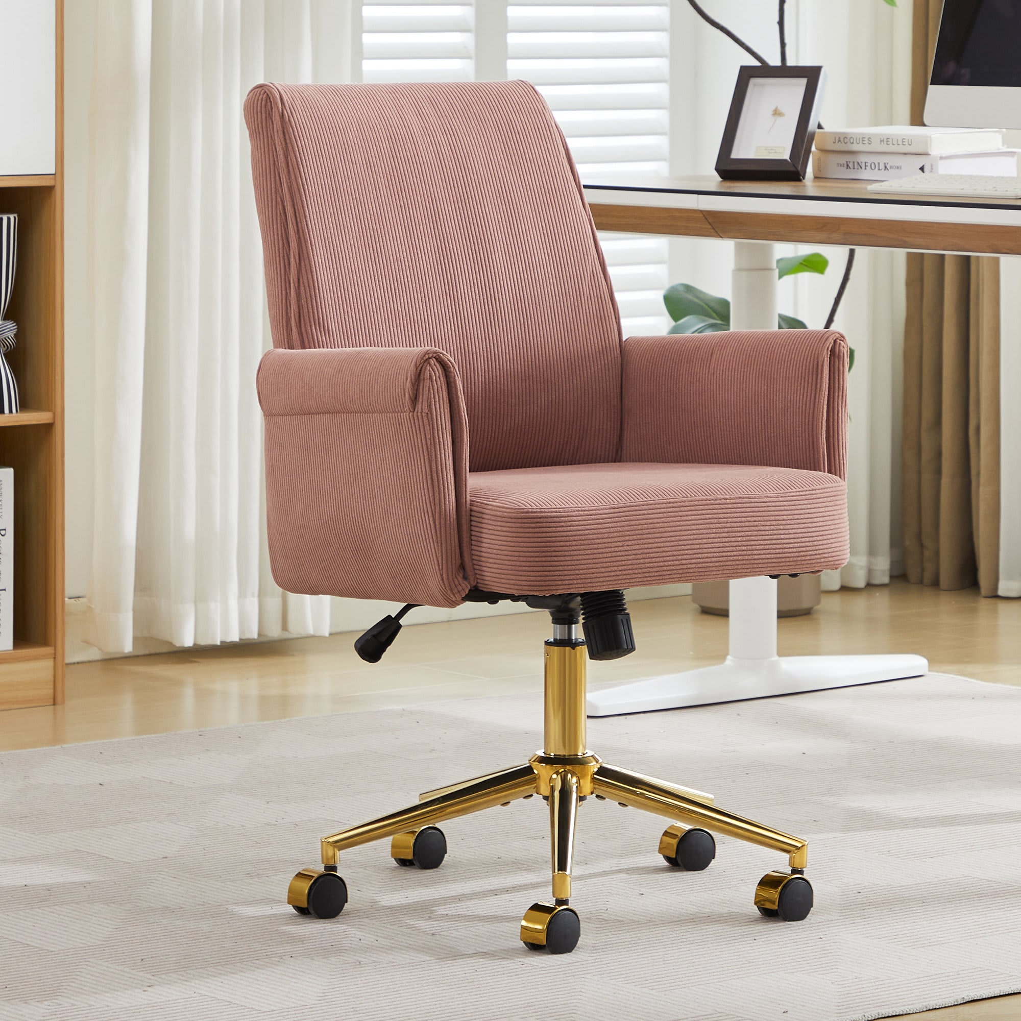 Etokfoks  Mid Back Liftable Office Chair Pink Striped Fabric Ergonomic S Curve Lu