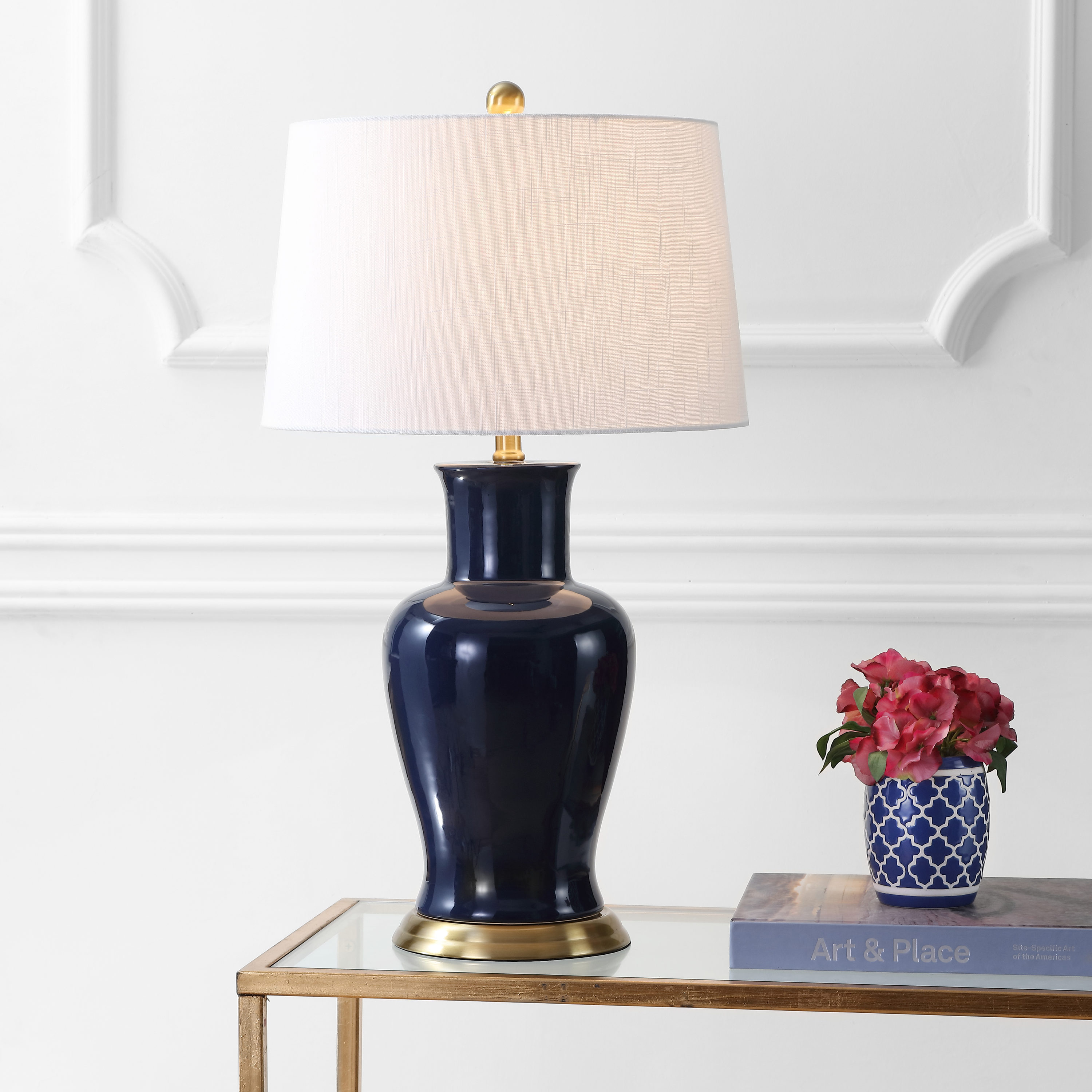 JONATHAN  Y JYL4026B Julian Classic Ceramic Urn 29-in Navy LED Rotary socket Table Lamp with Linen Shade