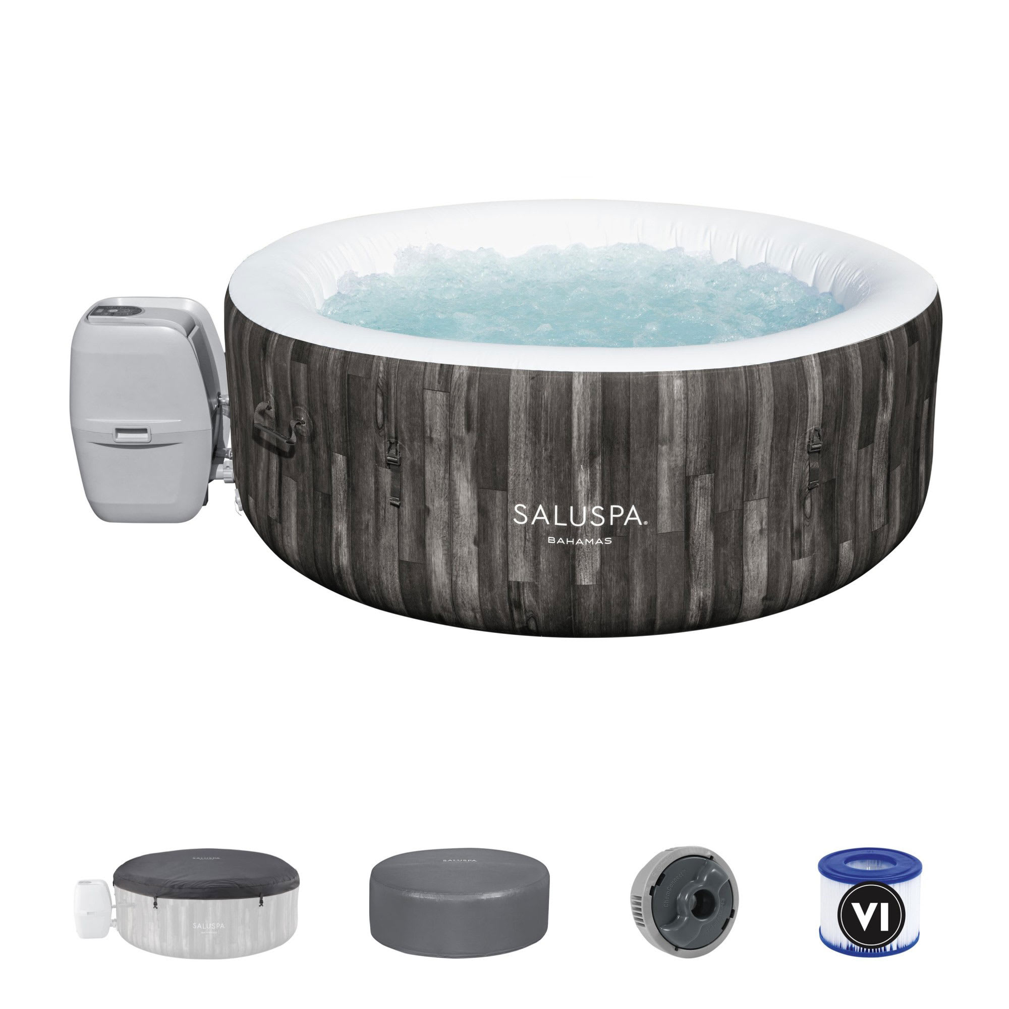 Bestway 407724 SaluSpa Bahamas AirJet 2 to 4 Person Inflatable Hot Tub Round Portable Outdoor Spa with 120 AirJets and EnergySense Energy Saving Cover Brown