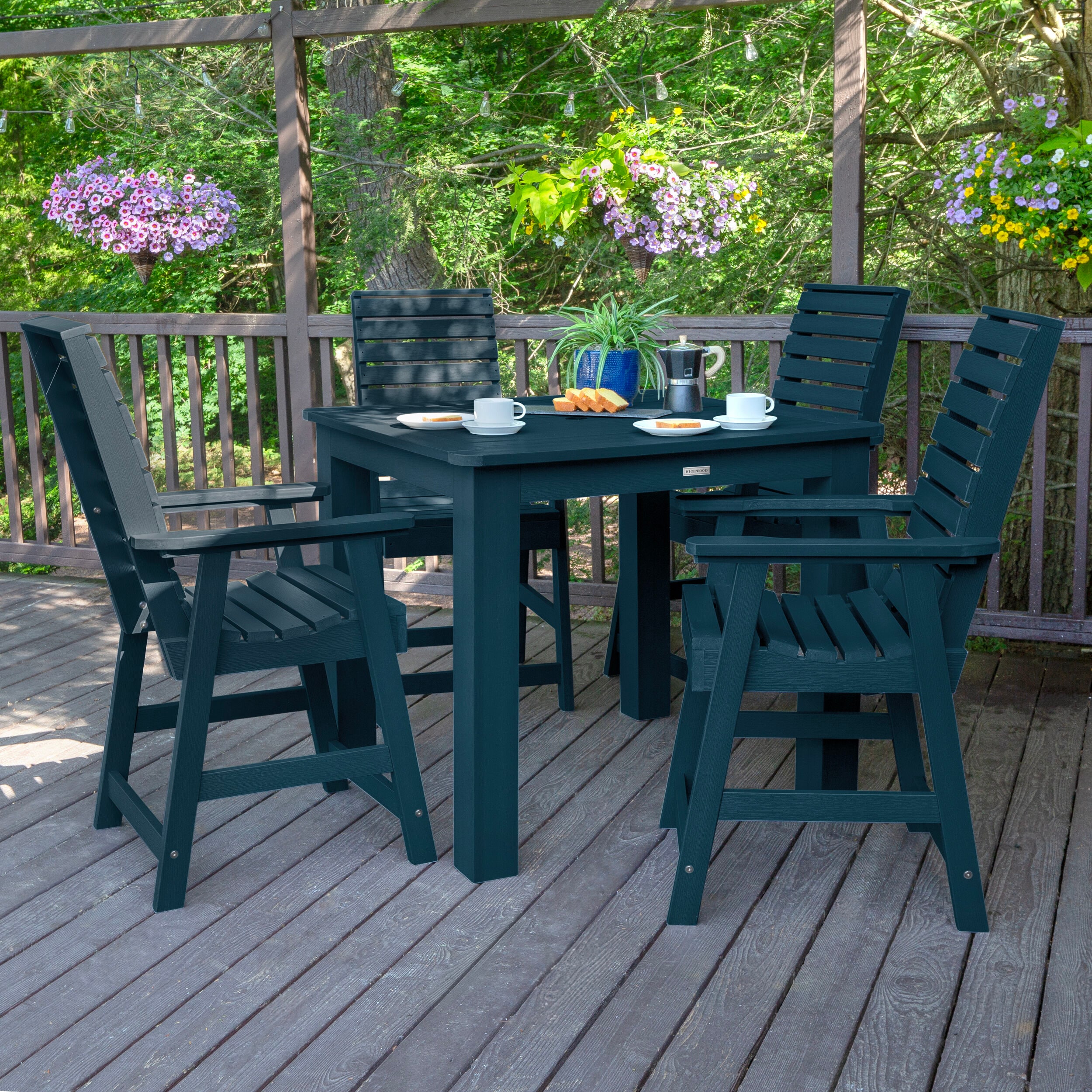 highwood AD-CNW44-FBE Weatherly 5 -Piece Federal Blue Bar Height Patio Dining Set Plastic Square Table with 4 Stationary Chairs