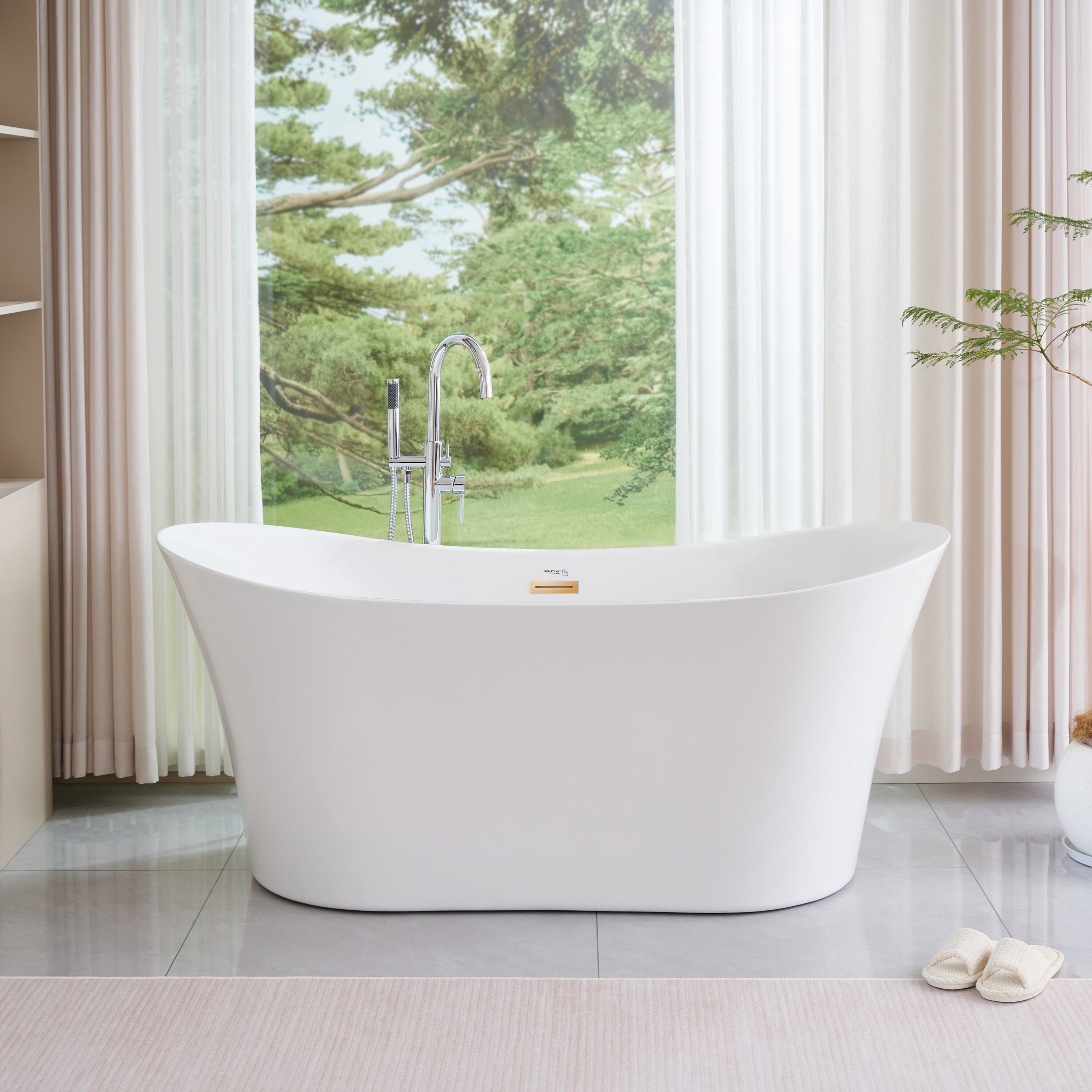 Vanity Art VA6805-TG 31-in x 67-in White/Titanium Gold Acrylic Oval Freestanding Soaking bathtub ( Center Drain )