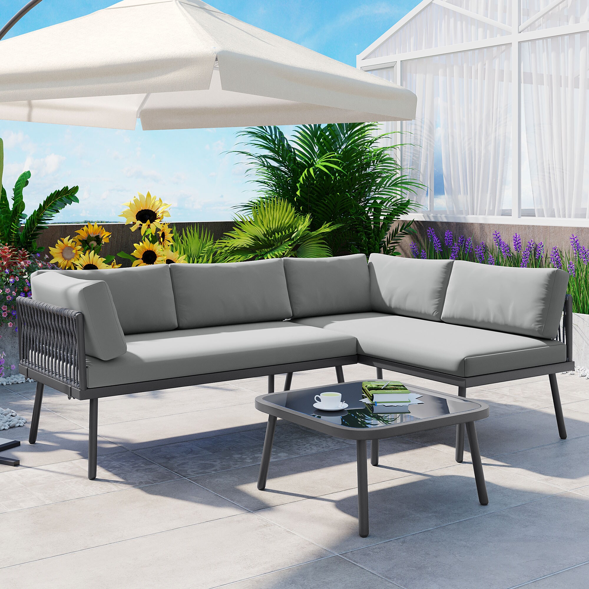 ES-DIY DIPF0048 3 -Piece Wicker Patio Conversation Set with Gray Cushions