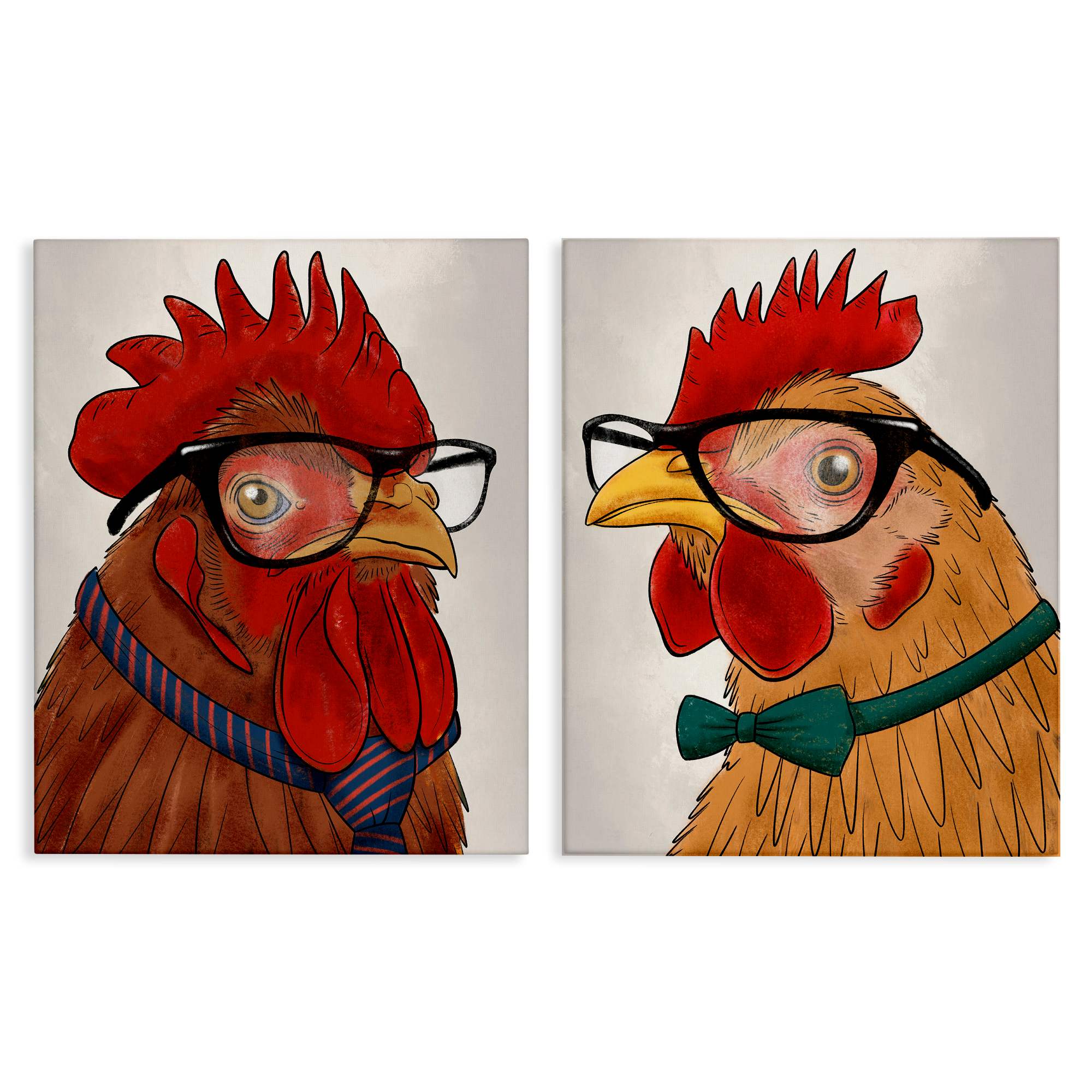 Stupell Industries B2-721-CN-2PC-16X20 Quirky Hipster Roosters 2pc Canvas Set Design by Marcus Prime