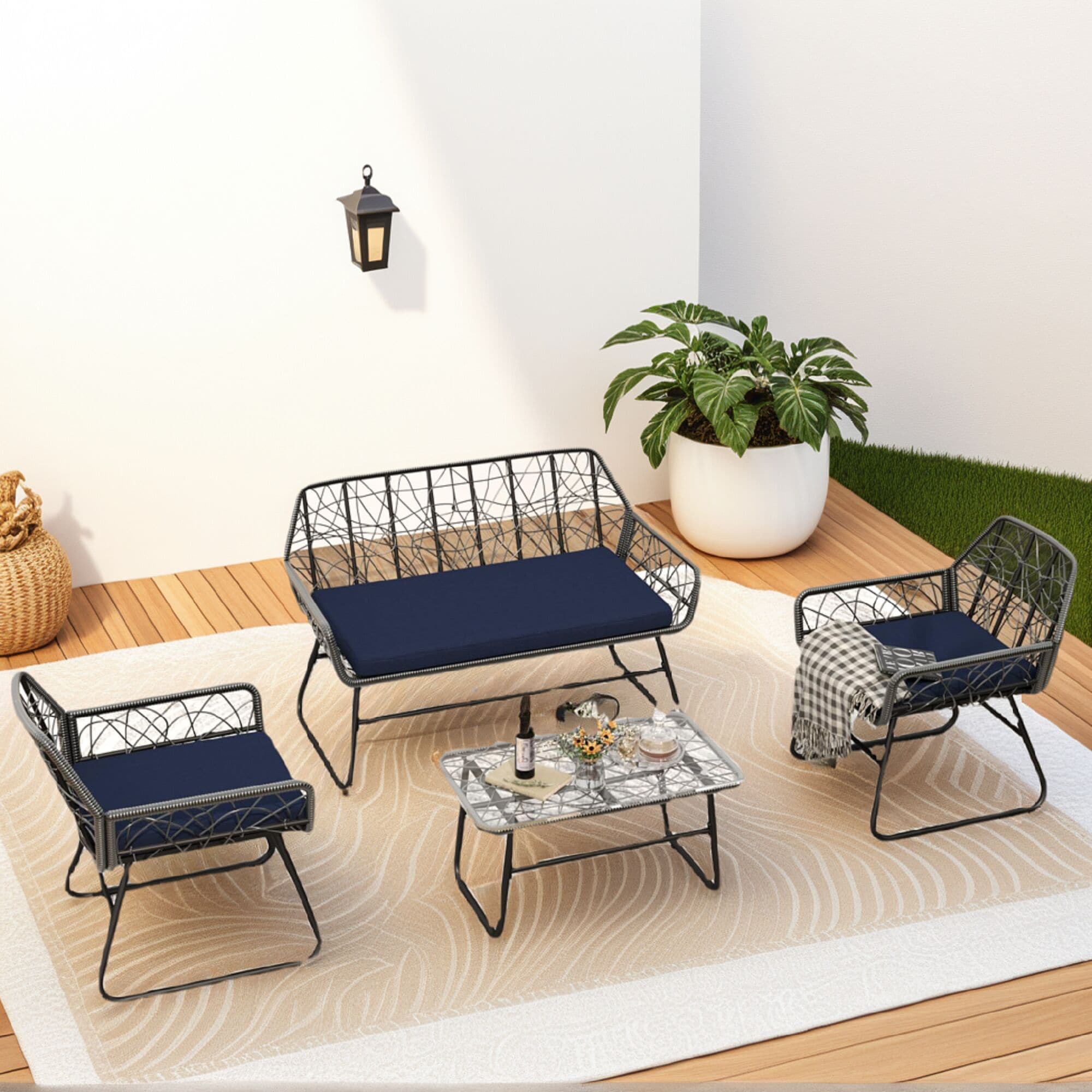 Runesay AJ35 4 -Piece Wicker Patio Sofa Conversation Set with Blue Cushions