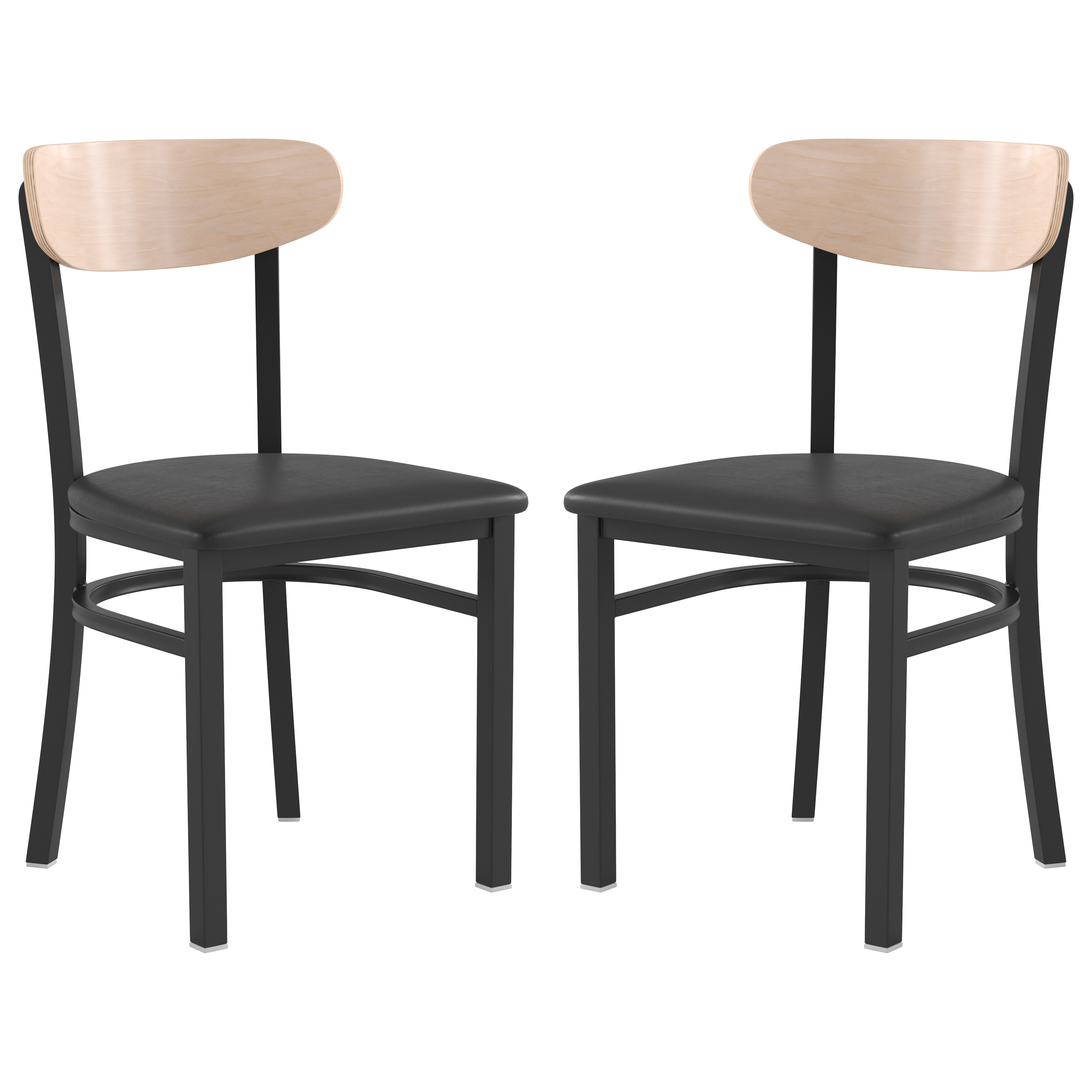 Flash Furniture 840196378473 Wright Set of 2 Commercial Dining Chairs with 500 LB. Capacity Black Steel Frame; Natural Birch Finish Wooden Boomerang Back; and Black Vinyl Seat