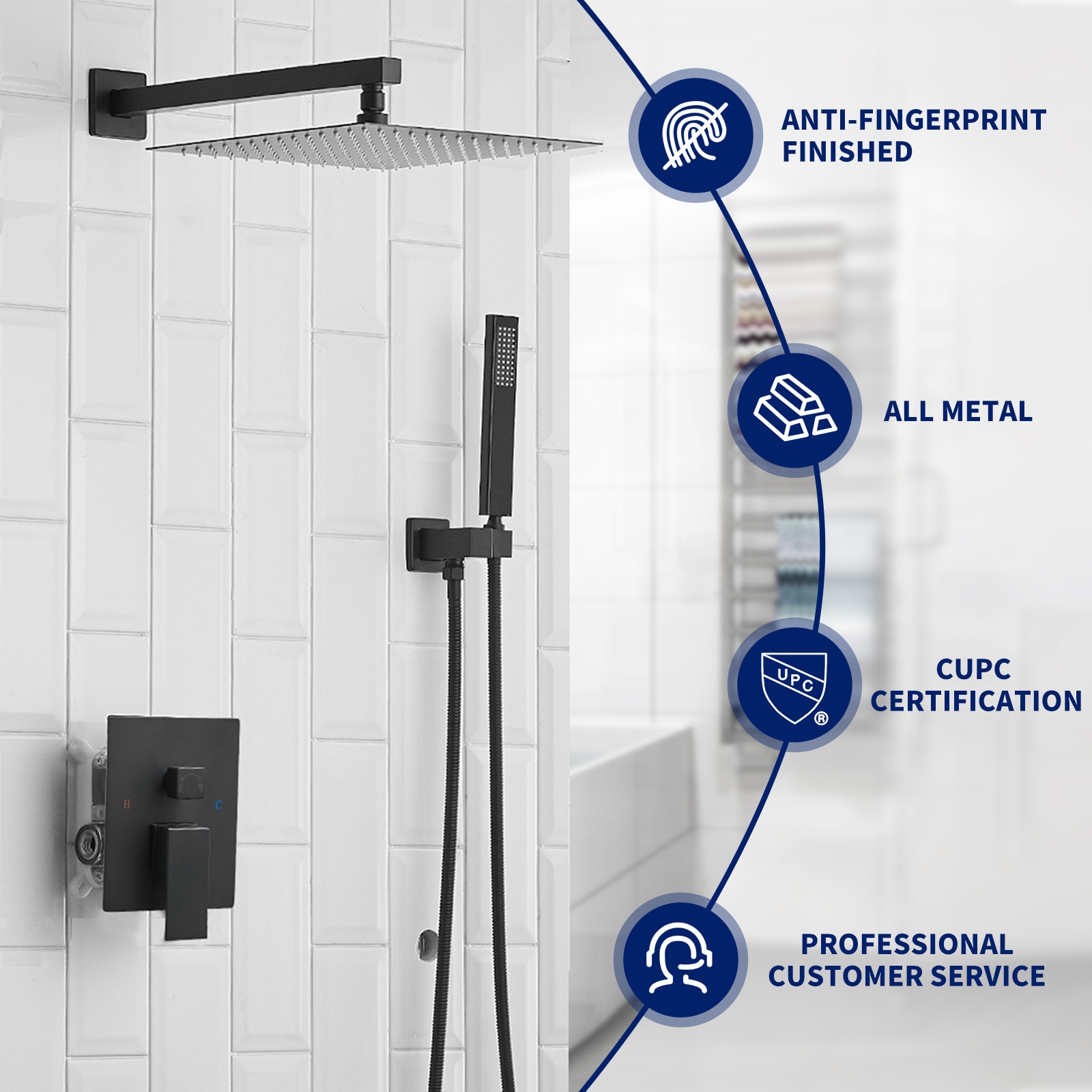 BWE Shower Faucet Matte Black 1-handle Multi-function Square Shower ...